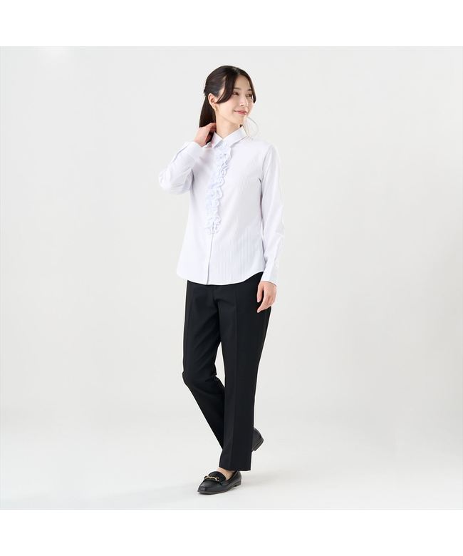 トーキョーシャツ TOKYO SHIRTS 【COFREX】 前立ミニフリルブラウス 長袖 レディースデザインシャツ （ブルー） ブルー