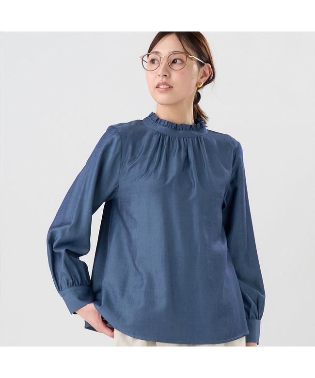 トーキョーシャツ TOKYO SHIRTS デニム風 衿フリル ブラウス 長袖 レディース （ブルー） ブルー