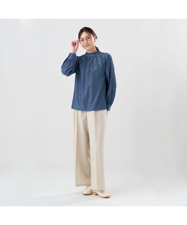 トーキョーシャツ TOKYO SHIRTS デニム風 衿フリル ブラウス 長袖 レディース （ブルー） ブルー
