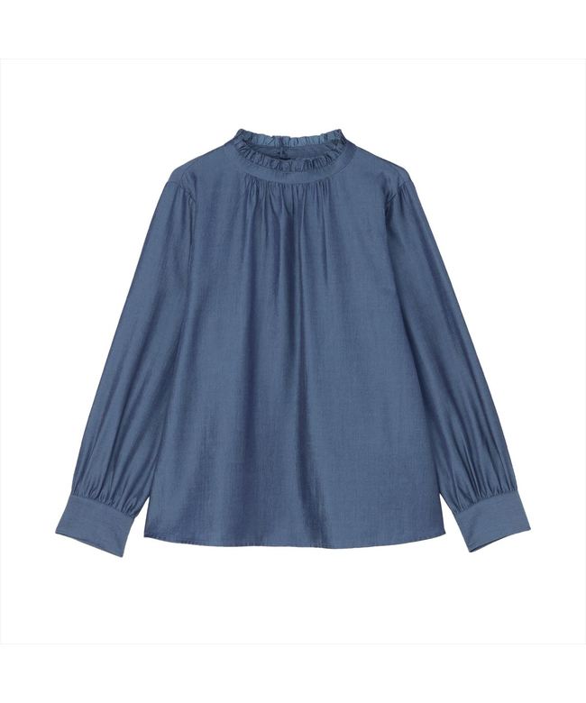 トーキョーシャツ TOKYO SHIRTS デニム風 衿フリル ブラウス 長袖 レディース （ブルー） ブルー