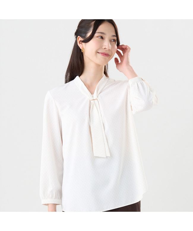 トーキョーシャツ TOKYO SHIRTS シルキーサテン パーツ付ボウタイ ブラウス 長袖 レディース （ホワイト） ホワイト