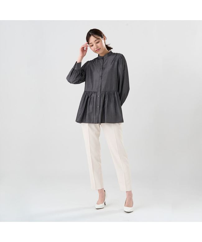 トーキョーシャツ TOKYO SHIRTS デニム風 ペプラム シャツブラウス 長袖 レディース （ブラック） ブラック