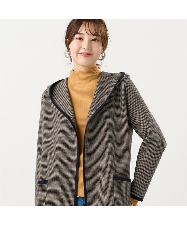 トーキョーシャツ TOKYO SHIRTS アウター 千鳥格子柄ジャカード フード付き コーディガン レディース （ダークネイビー×ベージュ） ダークネイビー×ベージュ
