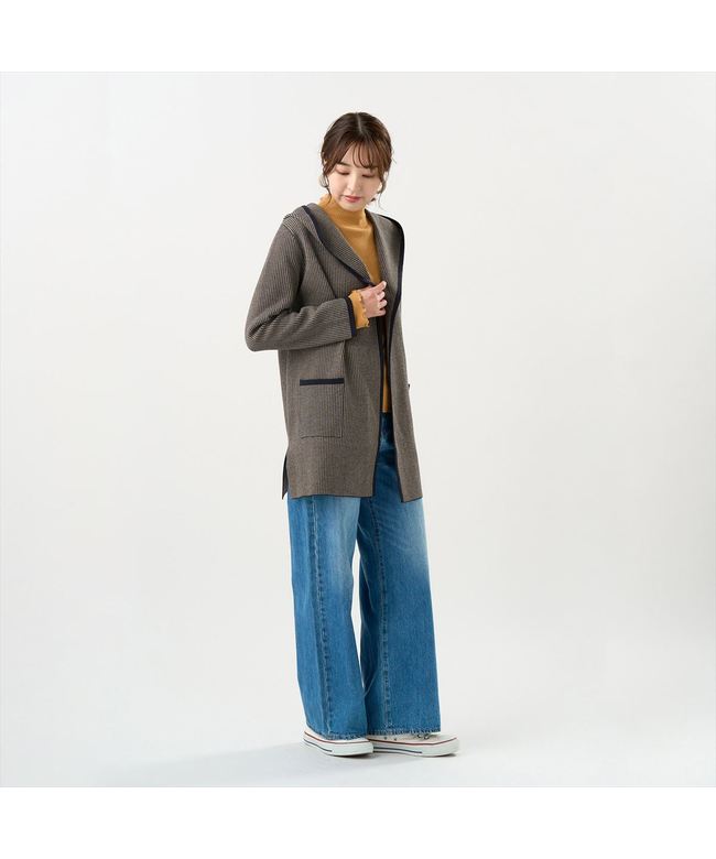 トーキョーシャツ TOKYO SHIRTS アウター 千鳥格子柄ジャカード フード付き コーディガン レディース （ダークネイビー×ベージュ） ダークネイビー×ベージュ