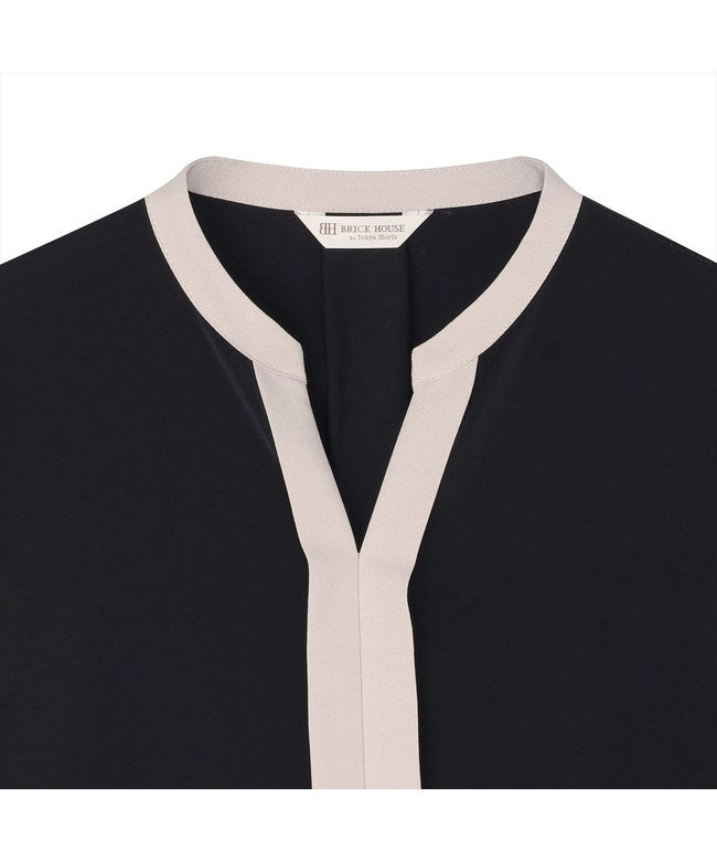 トーキョーシャツ TOKYO SHIRTS シルキーサテン 配色スキッパー ブラウス 長袖 レディース （ネイビー） ネイビー