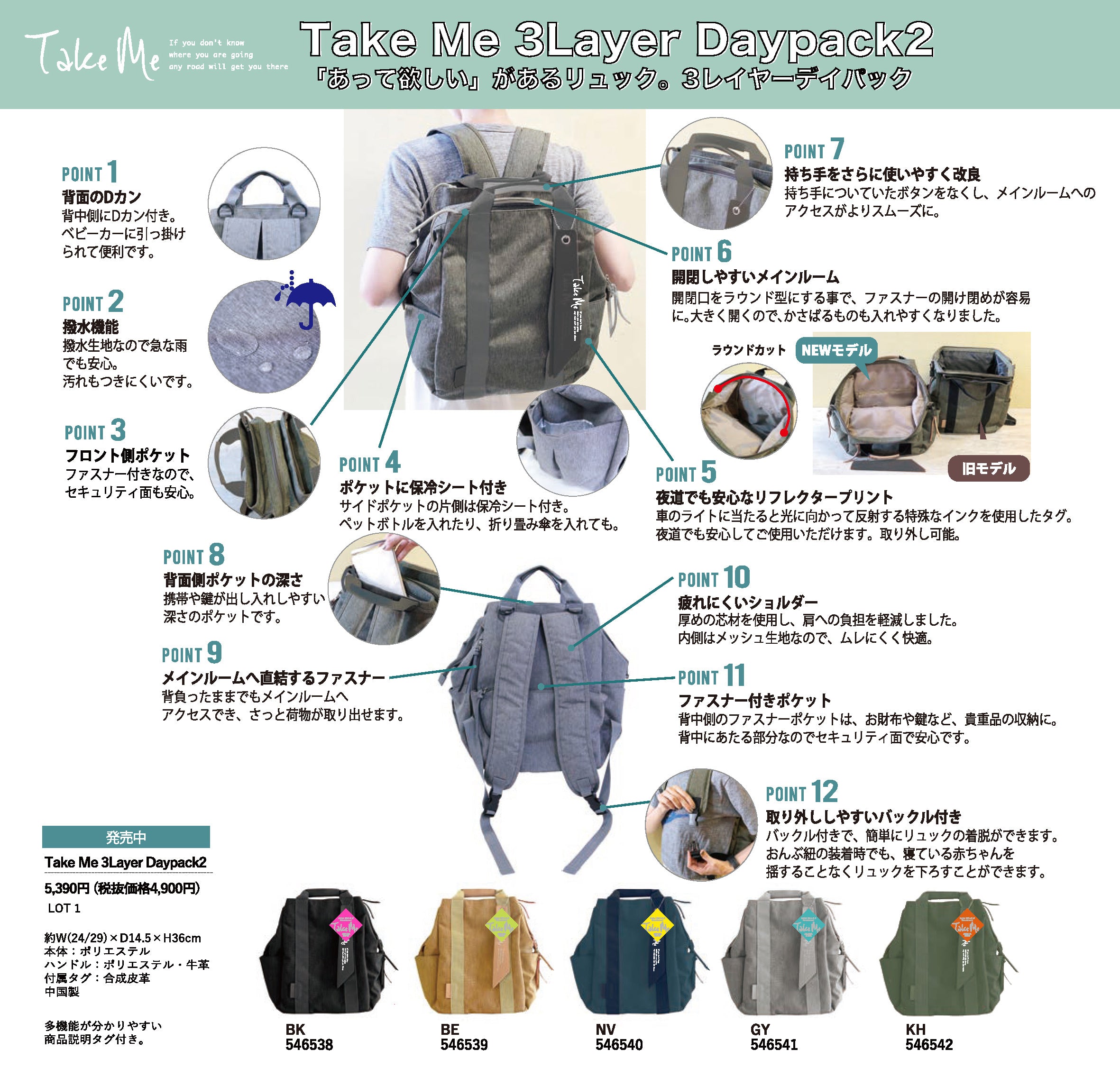 ツルヤ TSURUYA バッグ メンズ レディース 機能性リュック 546538_BK 546539_BE 546540_NV 546541_GY 546542_KH Take Me 収納ポケット付き 保冷ポケット 撥水加工 （ネイビー） ネイビー