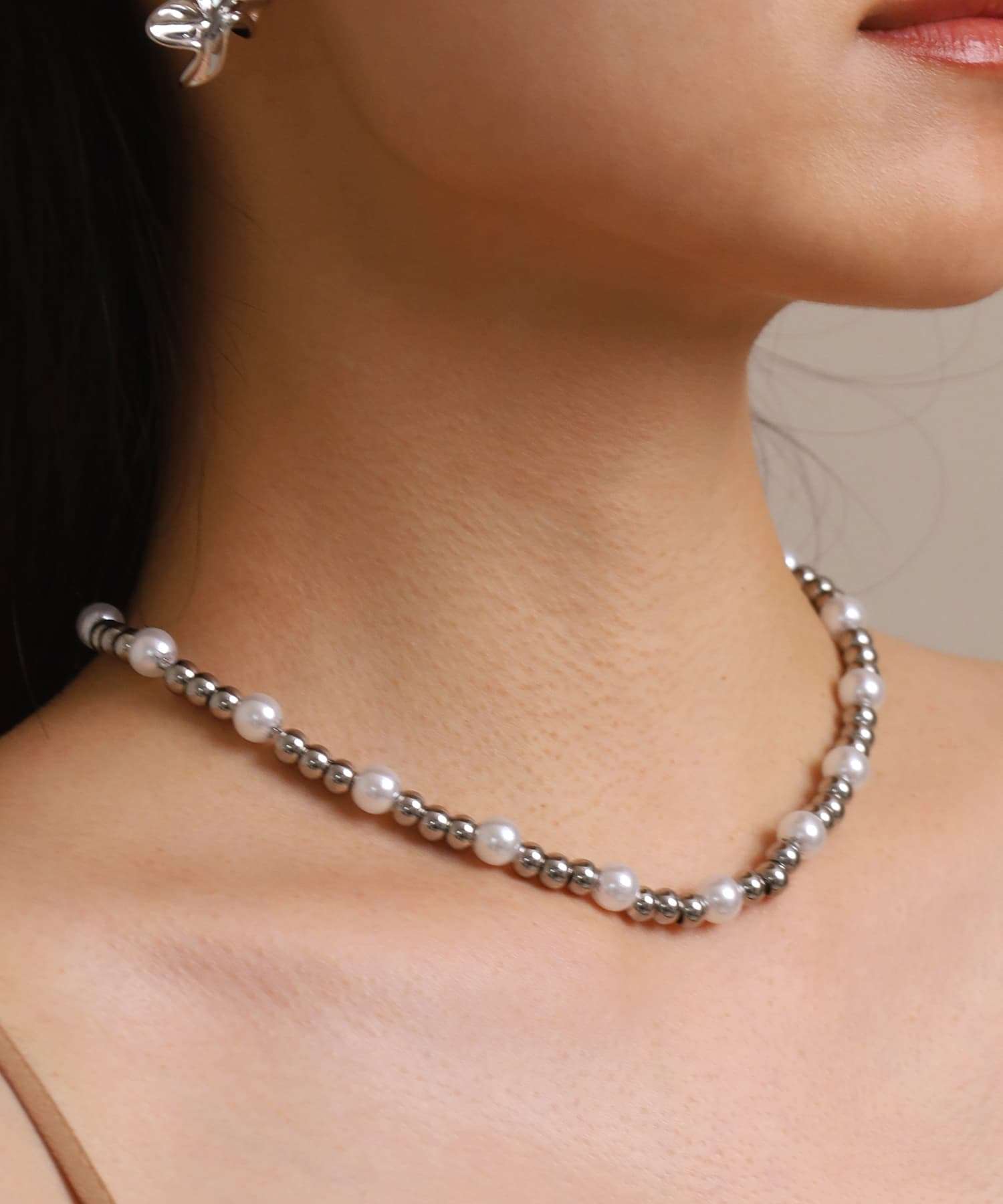 エルエイチエムイー LHME 【WEB限定】“MELLOW”パールミックスボールチェーンネックレス/ラージ/サージカルステンレス（金属アレルギー対応） （ホワイト×シルバー） ホワイト×シルバー