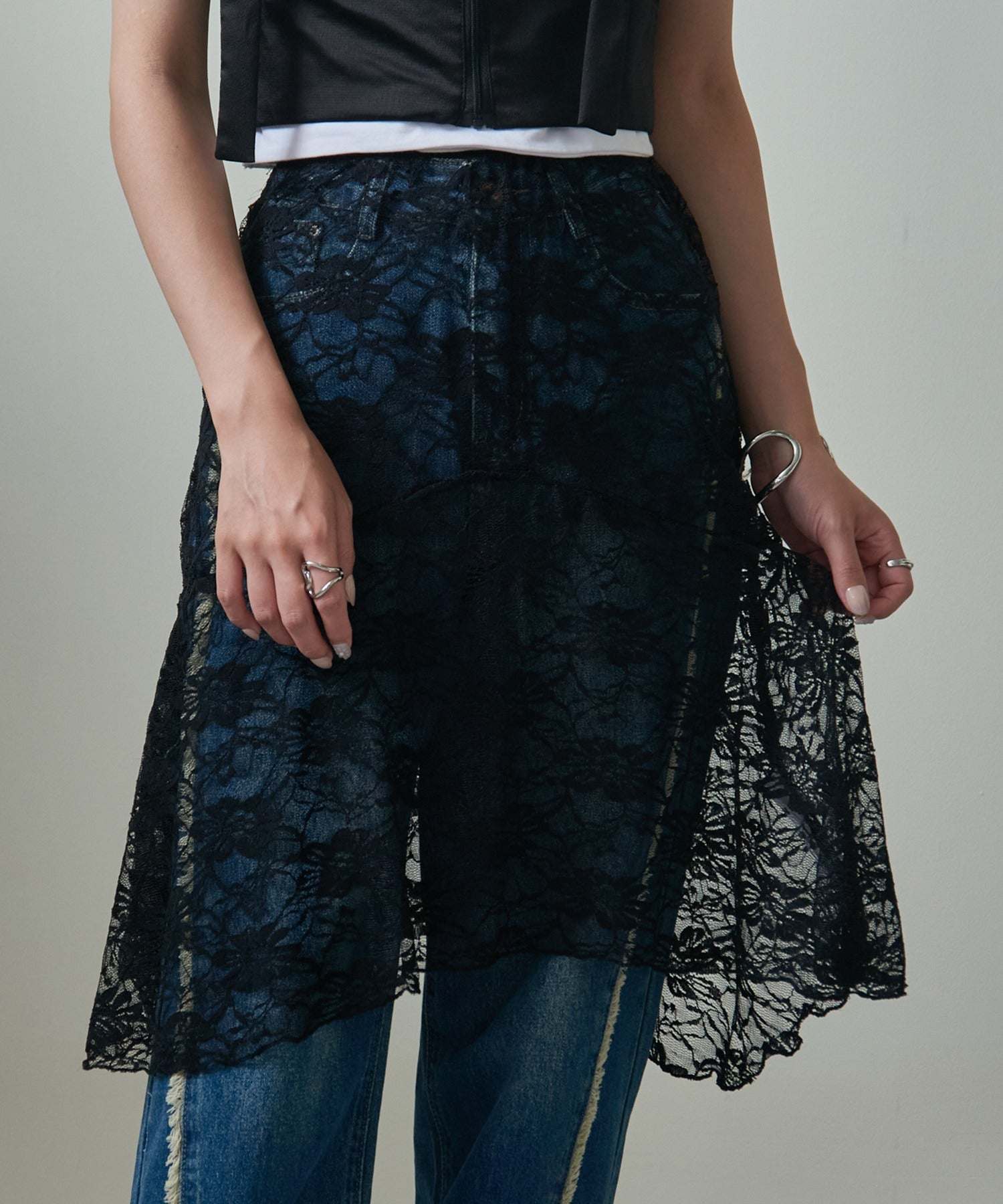 メゾンブリーズ MAISON BREEZE 【MAISON BREEZE】レースアシメレースレイヤードエプロンスカート SCCH565,ブラック