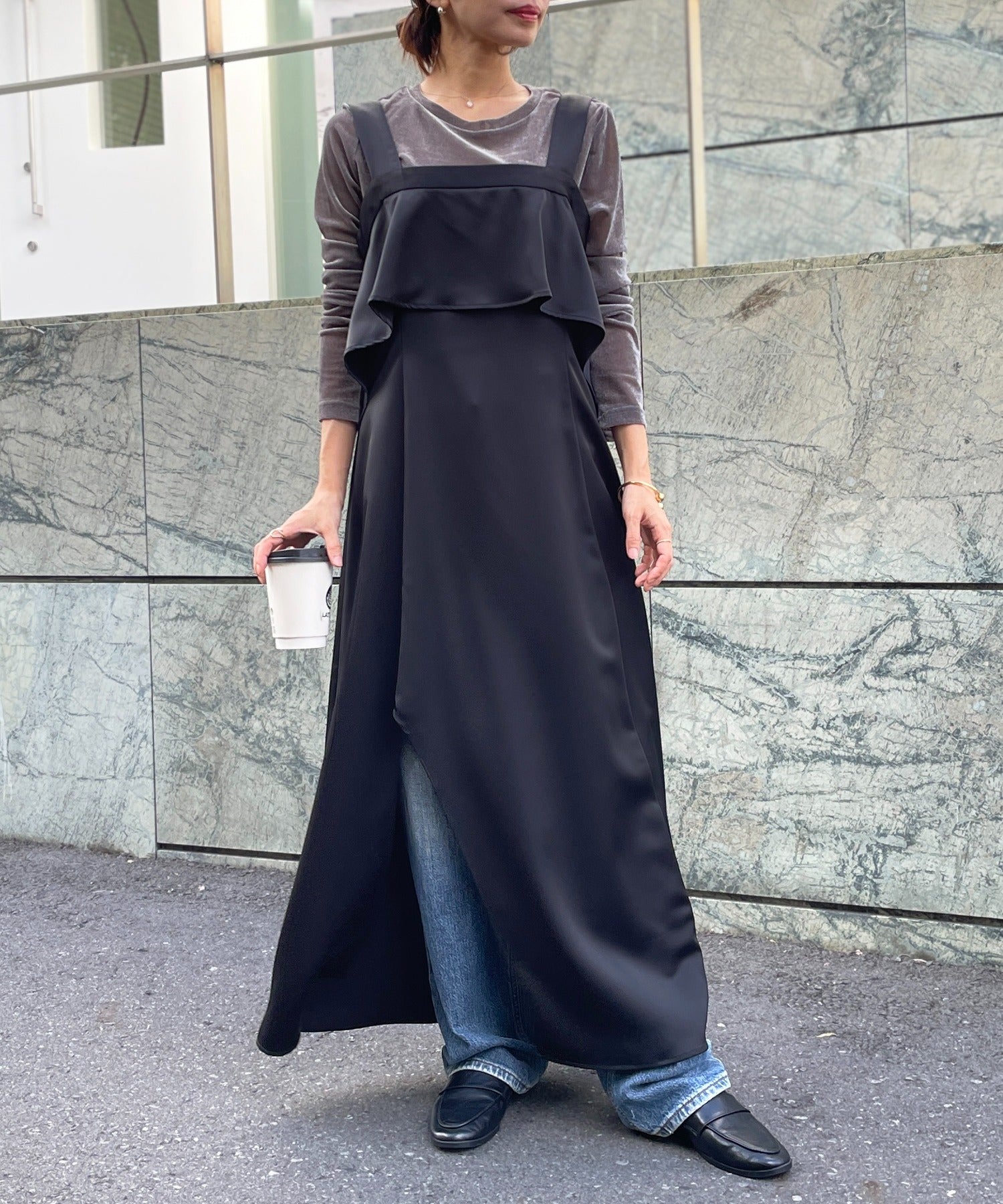 【SETUP7】asymmetry Oneーpiece ワンピース アシンメトリー Aライン サイドスリット ノースリーブ スクエアネック （ブラック） ブラック