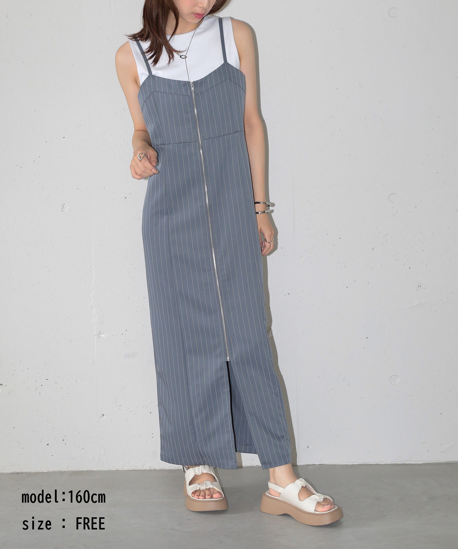ピンストライプ フロントジップ キャミワンピース ロングワンピース ノースリーブ Iライン XNN  【MAISON BREEZE】