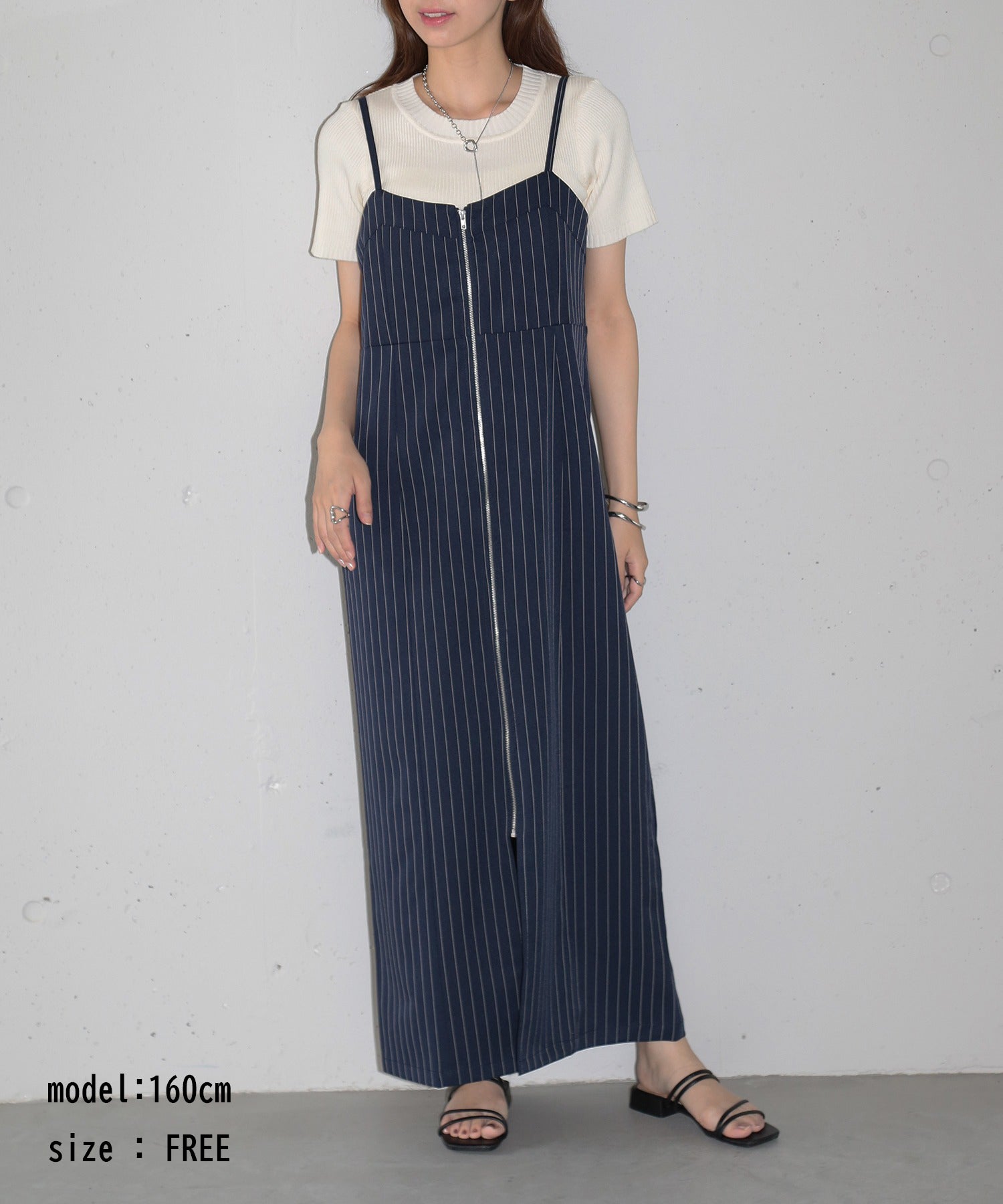 ピンストライプ フロントジップ キャミワンピース ロングワンピース ノースリーブ Iライン XNN  【MAISON BREEZE】