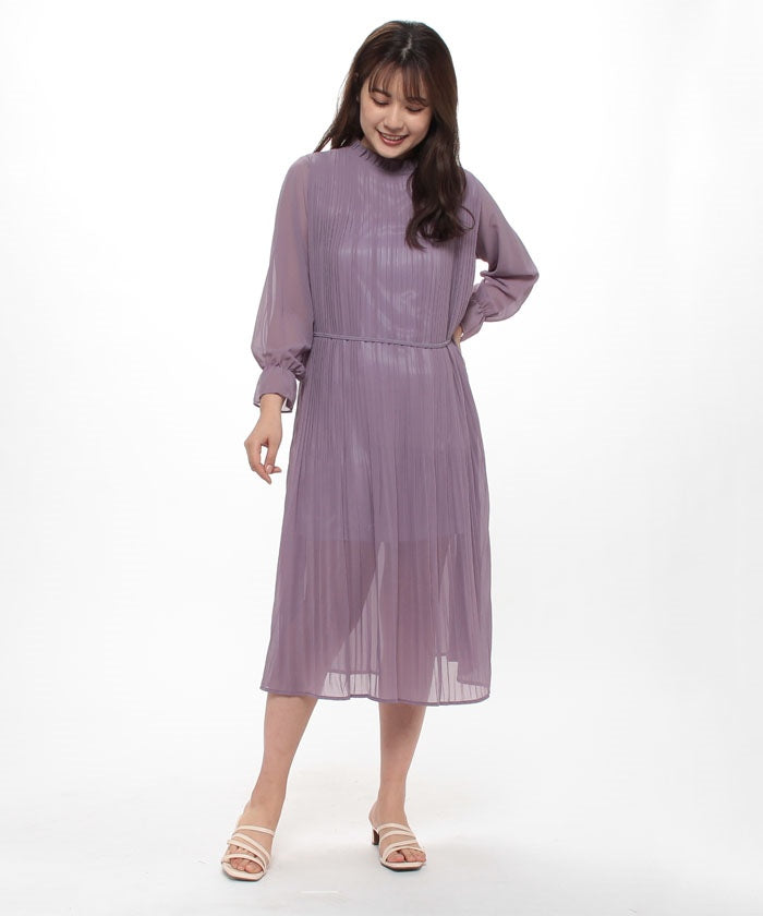 メゾンブリーズ MAISON BREEZE 【MAISON BREEZE】フリルカラー ミディ丈 プリーツ ワンピース 長袖 キャンディスリーブ スタンドネック シアーワンピース ミモレ丈 SCCH329