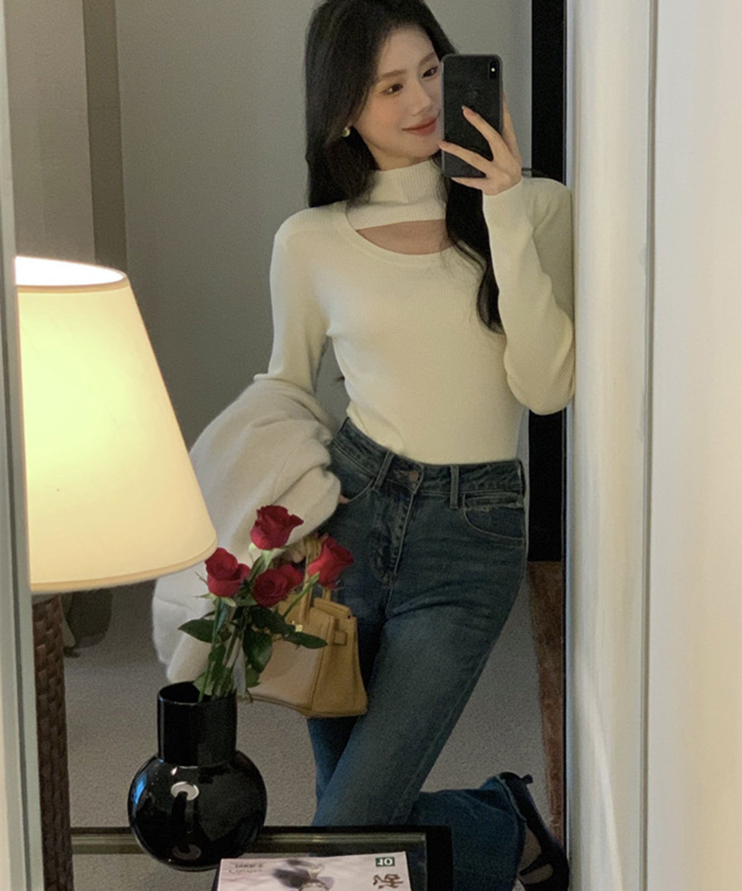 メゾンブリーズ MAISON BREEZE 【MAISON BREEZE】アシンメトリー 胸あきニット ハイネック 長袖 ニット プルオーバー リブニット ボトルネック KNF049