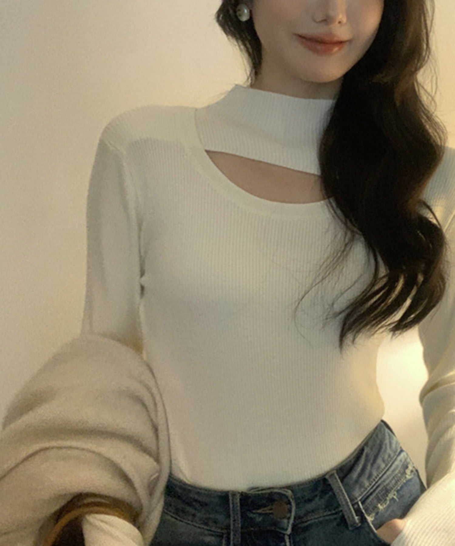 Maison Breeze Asymmetrical Deep Neck Knit High Neck Long Sleeve Knit Pullover Rib Knit Bottle Neck KNF049