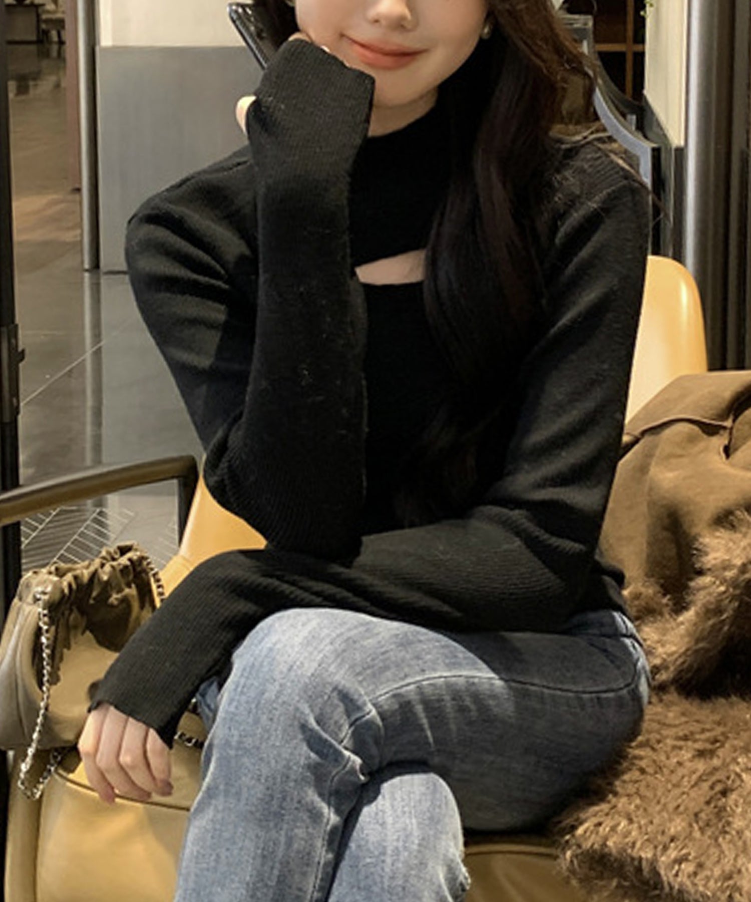 Maison Breeze Asymmetrical Deep Neck Knit High Neck Long Sleeve Knit Pullover Rib Knit Bottle Neck KNF049