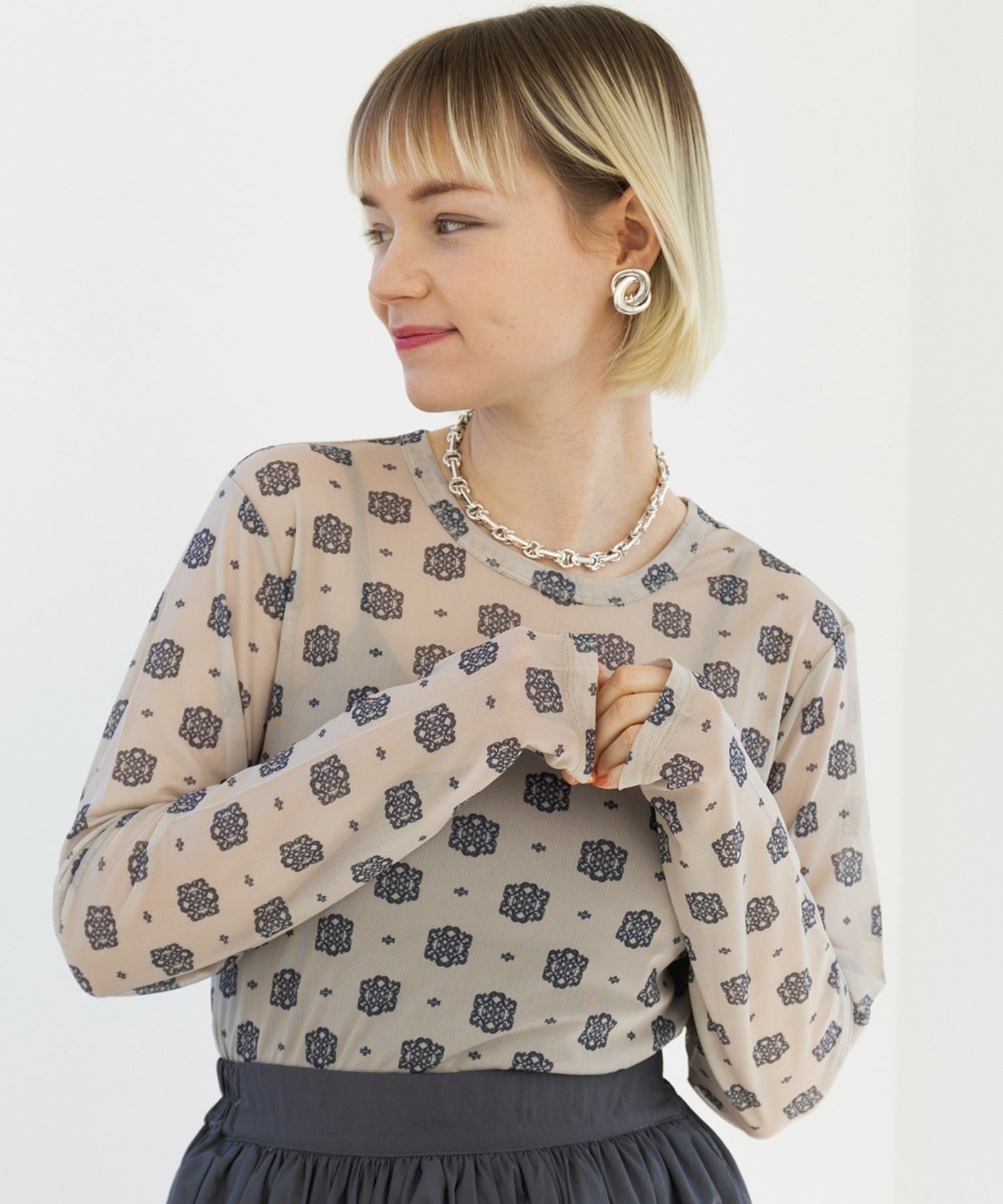 メゾンブリーズレヴール MAISON BREEZE reveur crew neck printed sheer tops クルーネックプリントシアートップス （ベージュ系その他2） ベージュ系その他2