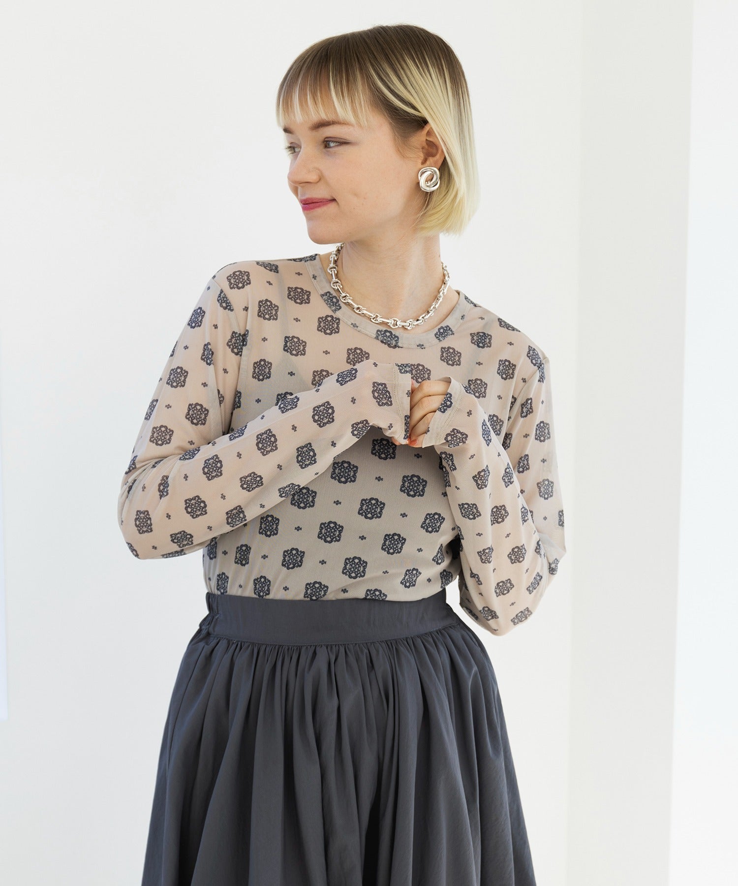 メゾンブリーズレヴール MAISON BREEZE reveur crew neck printed sheer tops クルーネックプリントシアートップス （ベージュ系その他2） ベージュ系その他2