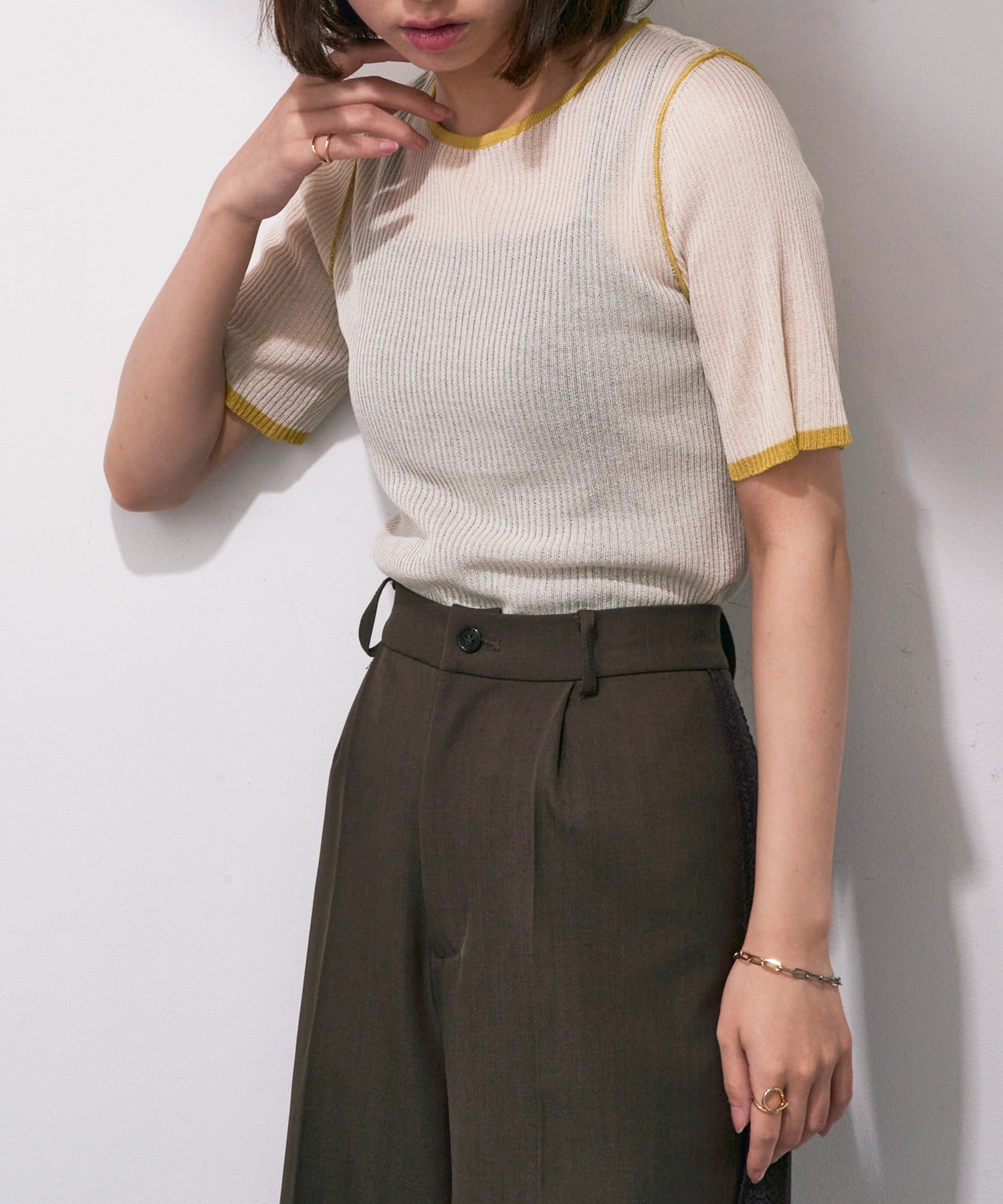 メゾンブリーズレヴール MAISON BREEZE reveur 麻タッチ 配色デザインクルーネックトップス DTK （アイボリー） アイボリー