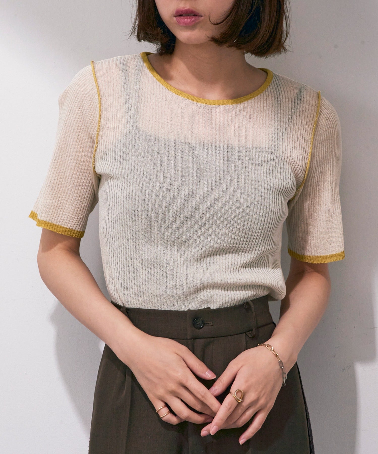メゾンブリーズレヴール MAISON BREEZE reveur 麻タッチ 配色デザインクルーネックトップス DTK （アイボリー） アイボリー