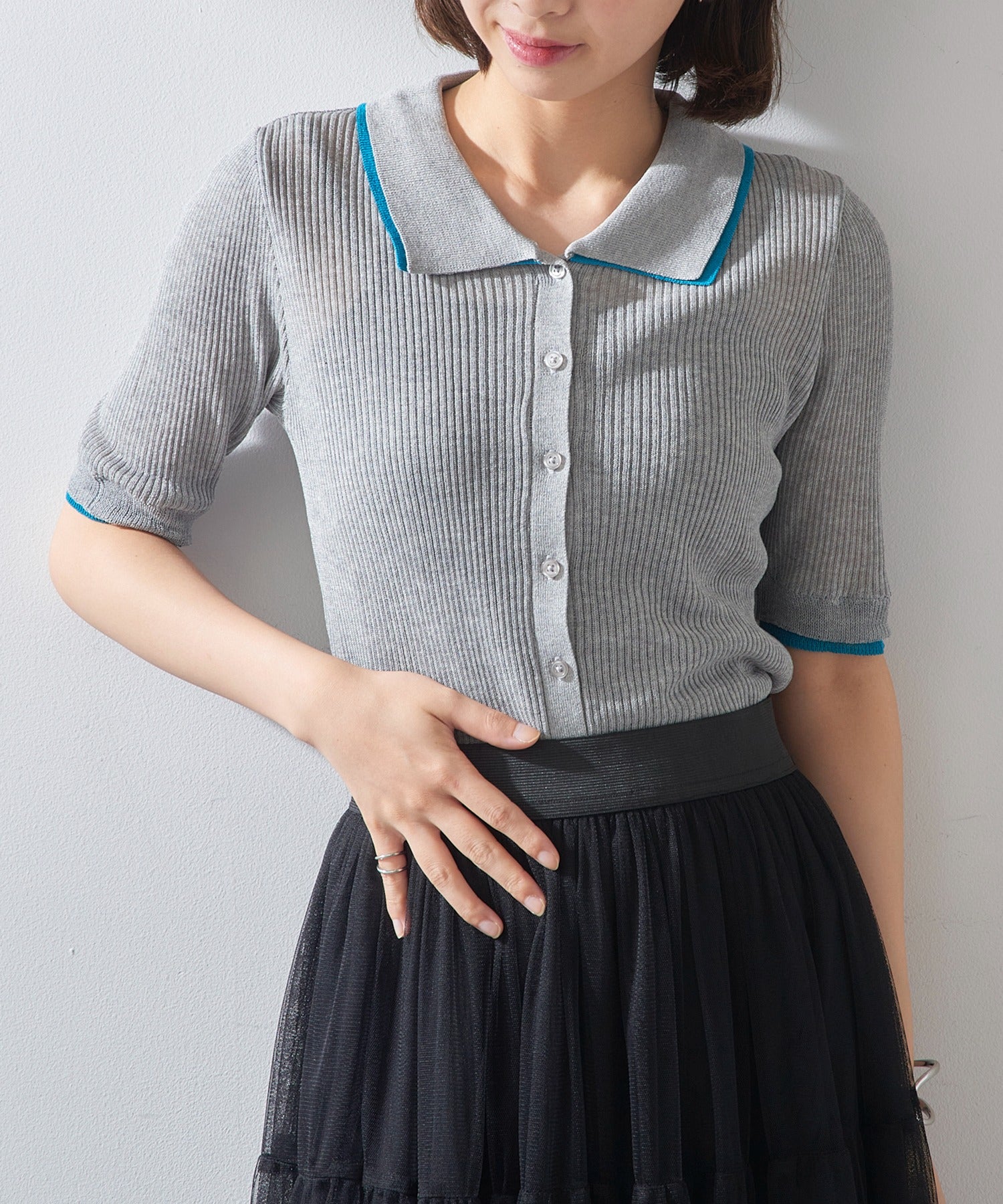 メゾンブリーズレヴール MAISON BREEZE reveur 麻タッチ配色襟付きカーディガン DTK （グレー） グレー