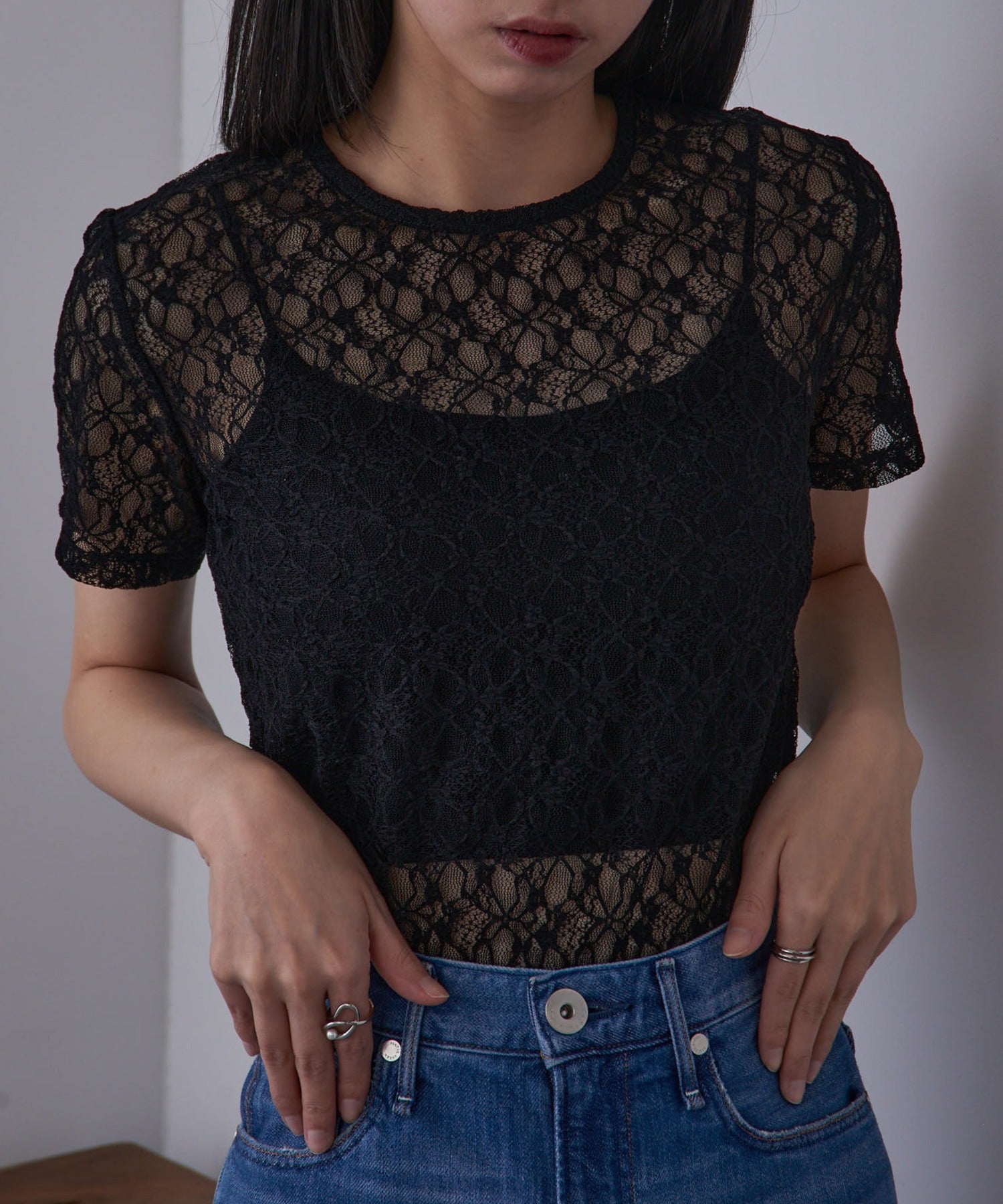 メゾンブリーズレヴール MAISON BREEZE reveur Flower lace T-shirt フラワーレースTシャツ （ブラック） ブラック