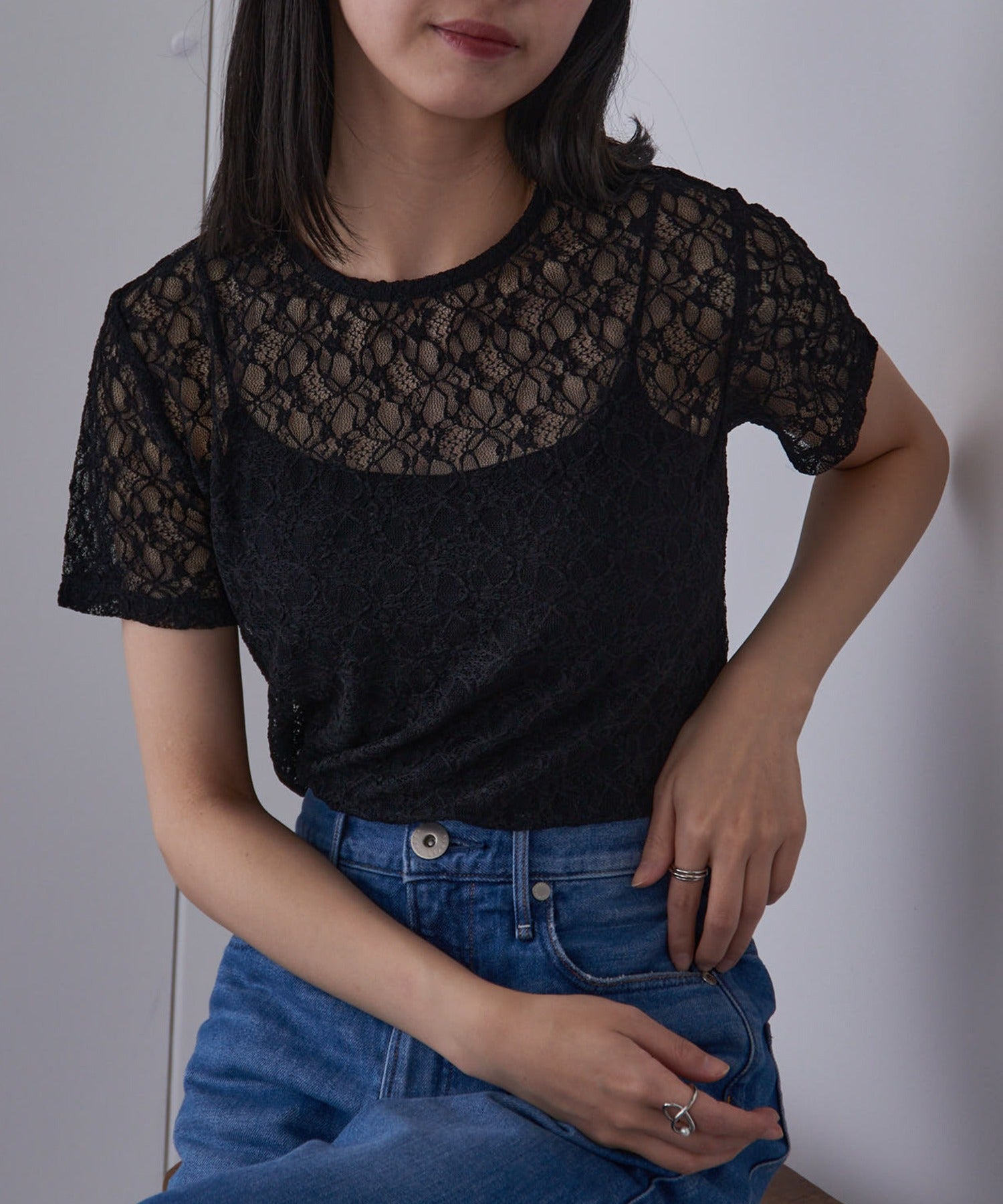 メゾンブリーズレヴール MAISON BREEZE reveur Flower lace T-shirt フラワーレースTシャツ （ブラック） ブラック