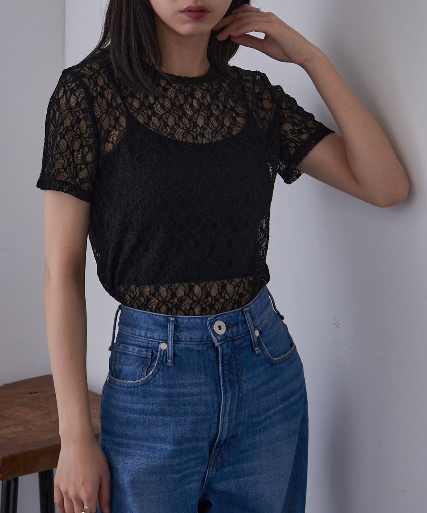 メゾンブリーズレヴール MAISON BREEZE reveur Flower lace T-shirt フラワーレースTシャツ （ブラック） ブラック