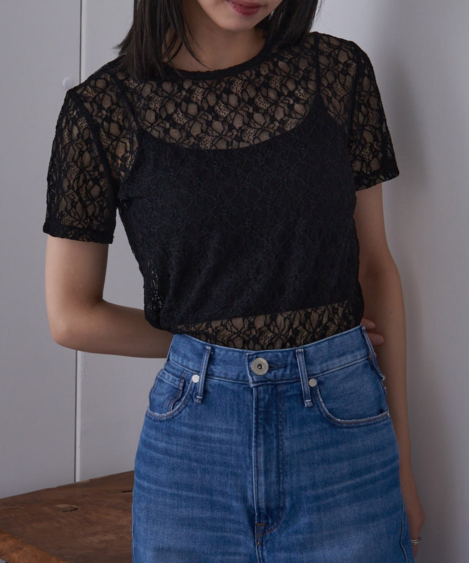 メゾンブリーズレヴール MAISON BREEZE reveur Flower lace T-shirt フラワーレースTシャツ （ブラック） ブラック