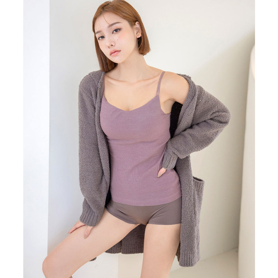tu-hacci Roomwear Fluffy Cardigan Front Opening Long Cardigan Hooded Gown
