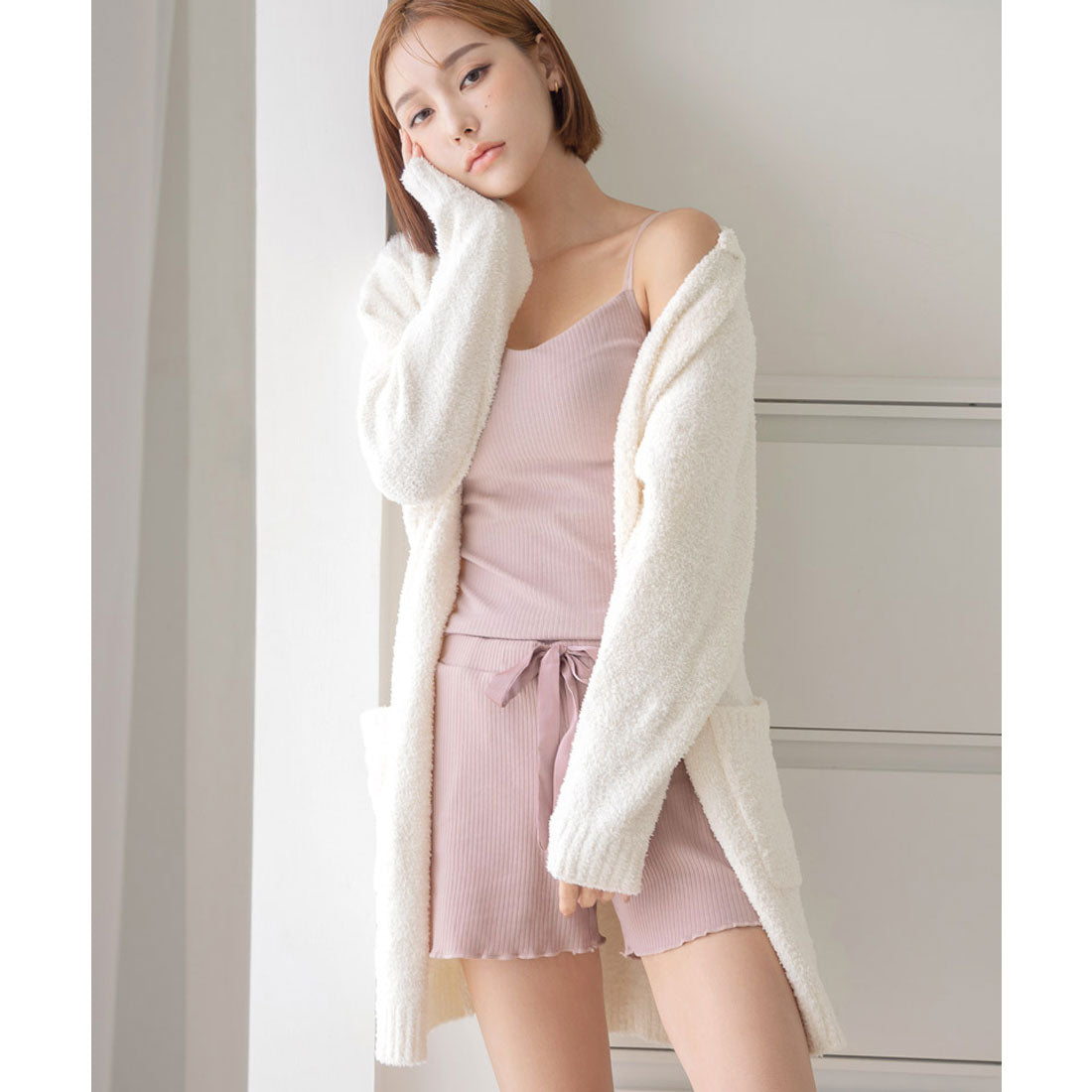 tu-hacci Roomwear Fluffy Cardigan Front Opening Long Cardigan Hooded Gown