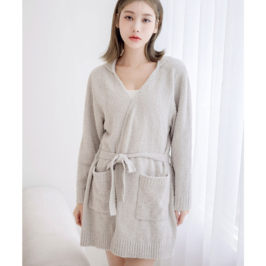 tu-hacci Roomwear Fluffy Cardigan Front Opening Long Cardigan Hooded Gown