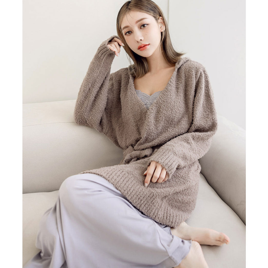 tu-hacci Roomwear Fluffy Cardigan Front Opening Long Cardigan Hooded Gown
