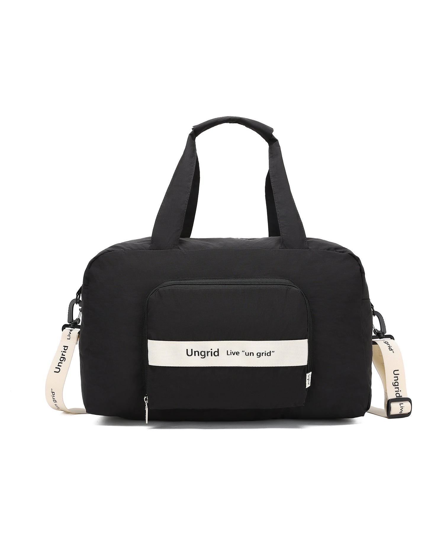 アングリッド Ungrid 撥水軽量ソフトナイロン ロゴテープ折り畳みラージボストンバッグ(33L） （BLK/IVO） BLK/IVO
