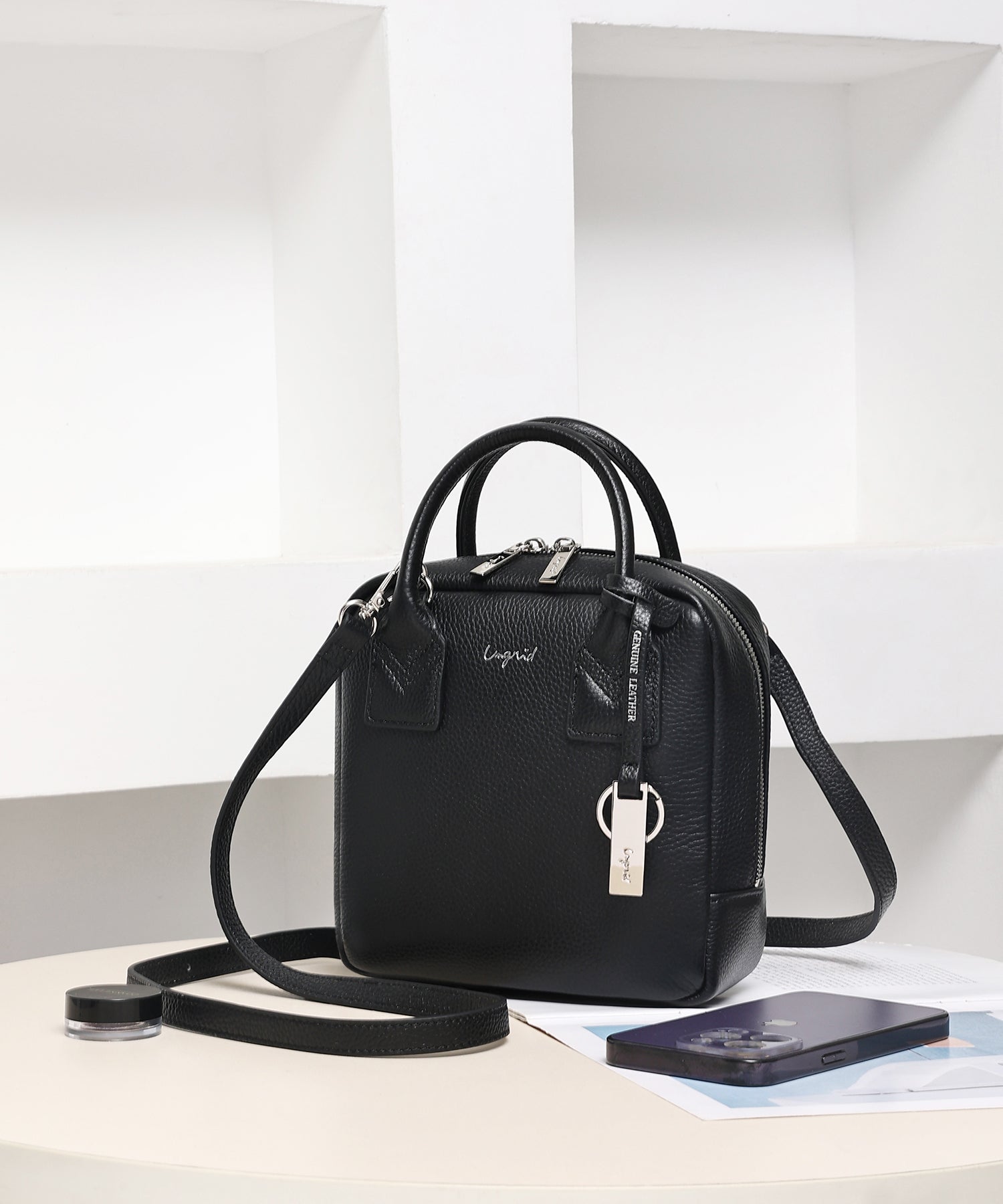 アングリッド Ungrid 牛革 スクエアミニボストンバッグ BLK