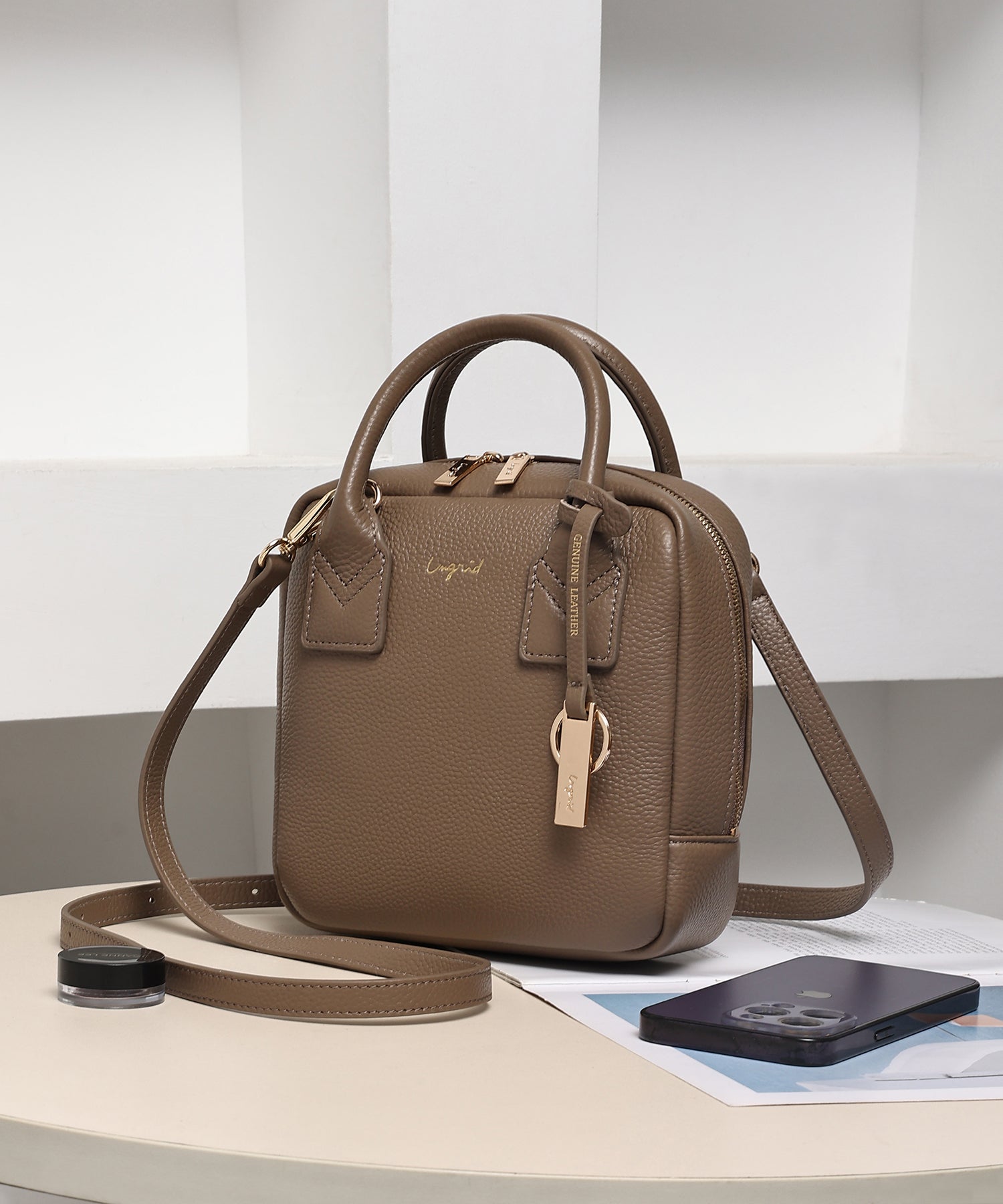 アングリッド Ungrid 牛革 スクエアミニボストンバッグ TAUPE