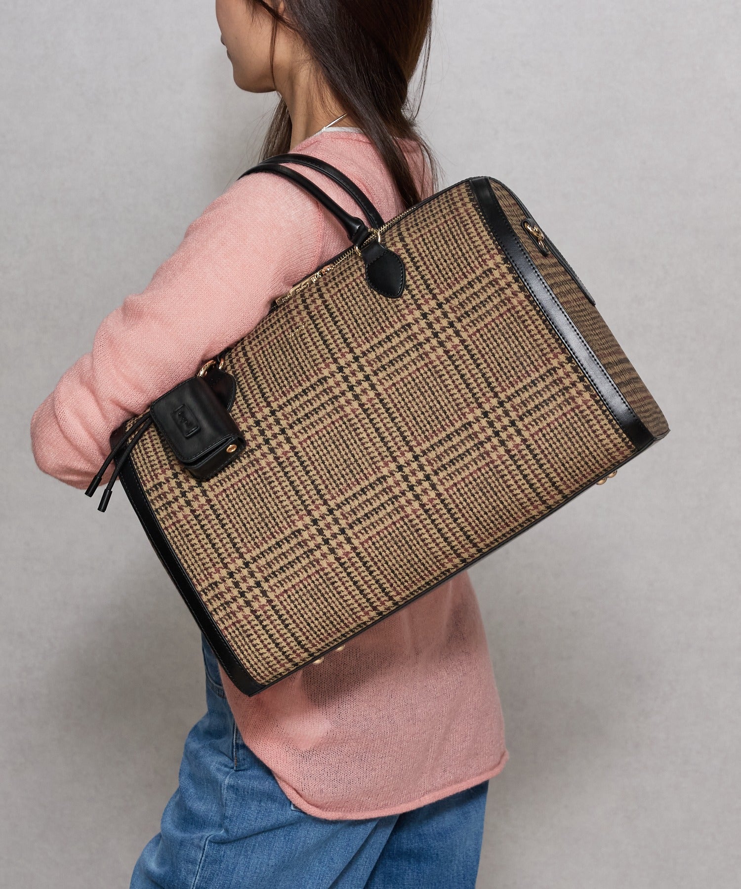 アングリッド Ungrid チェックコンビキャリーオントラベルボストンバッグ ケースチャーム付 BRNCHC