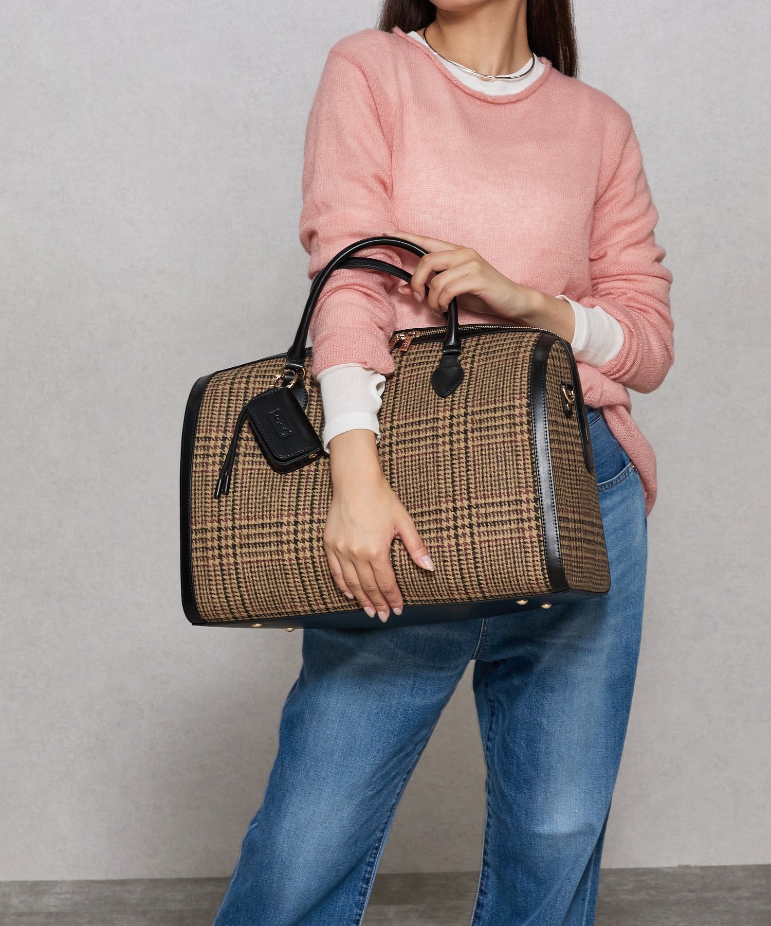 アングリッド Ungrid チェックコンビキャリーオントラベルボストンバッグ ケースチャーム付 BRNCHC