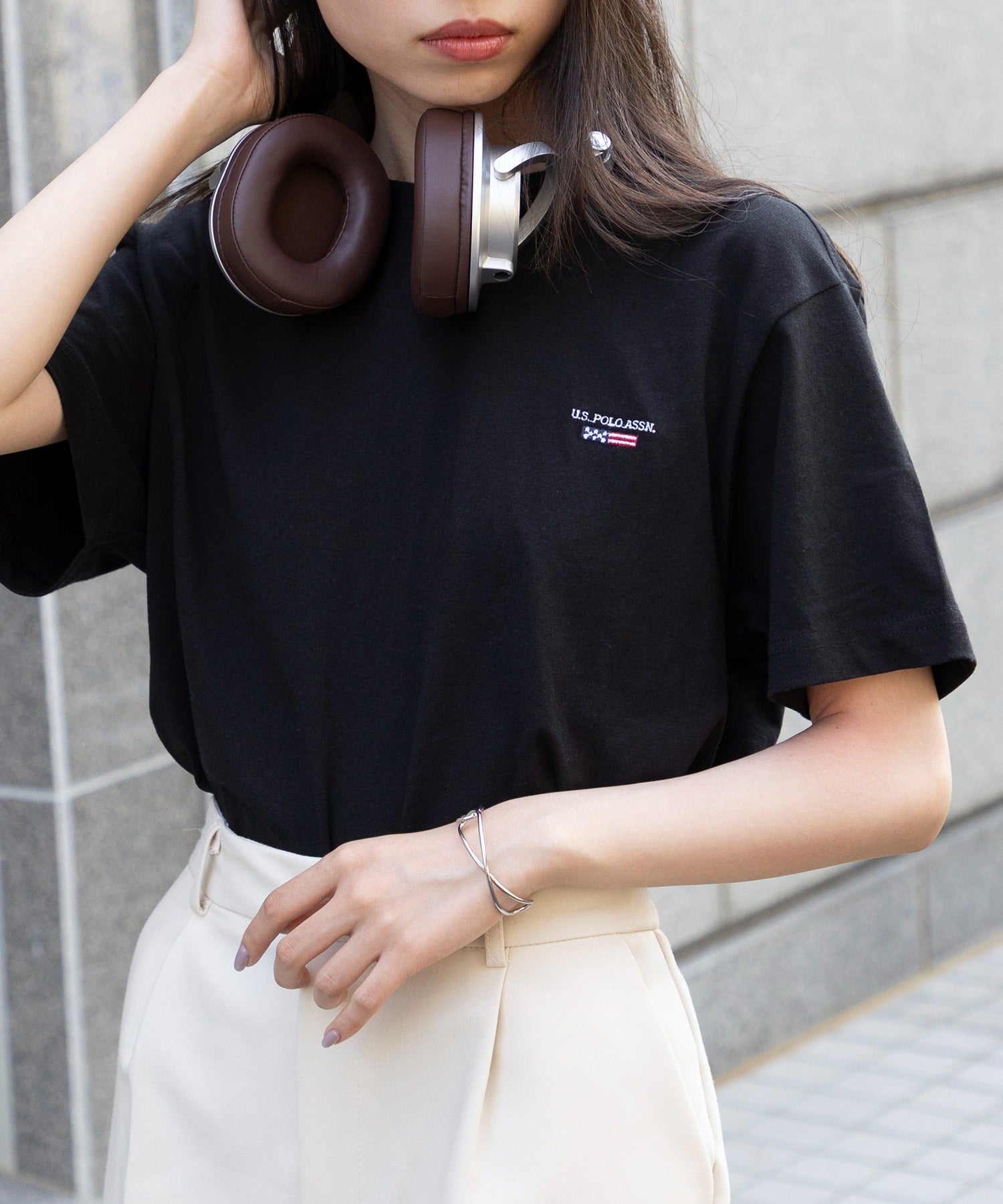 ユーエスポロアッスン U.S. POLO ASSN. ◎SETUP7別注◎ワンポイント フラッグ 刺繍 Tシャツ ユニセックス カットソー 半袖 ホワイト