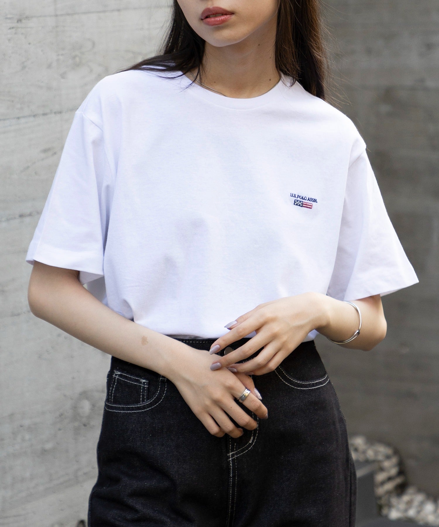 ユーエスポロアッスン U.S. POLO ASSN. ◎SETUP7別注◎ワンポイント フラッグ 刺繍 Tシャツ ユニセックス カットソー 半袖 ホワイト