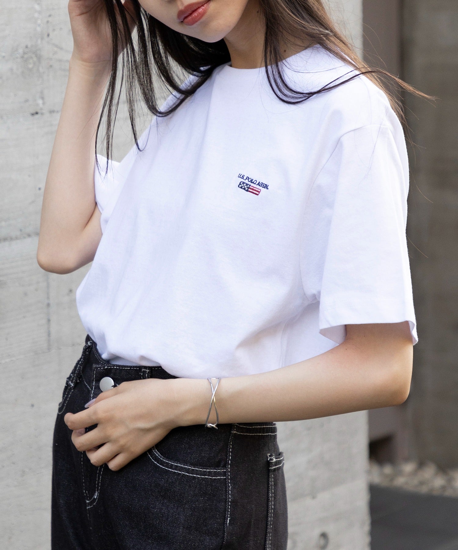 ユーエスポロアッスン U.S. POLO ASSN. ◎SETUP7別注◎ワンポイント フラッグ 刺繍 Tシャツ ユニセックス カットソー 半袖 ホワイト
