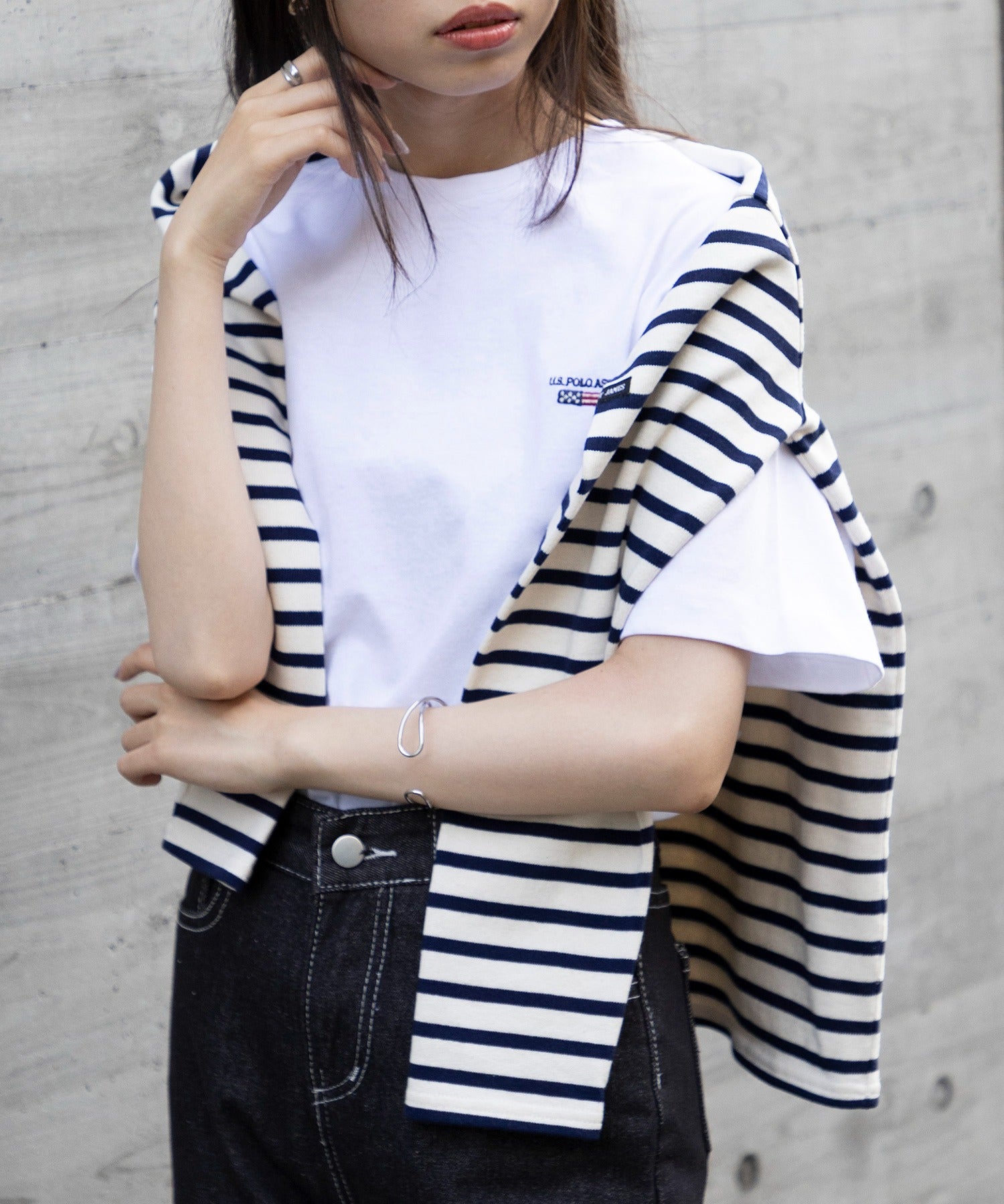 ユーエスポロアッスン U.S. POLO ASSN. ◎SETUP7別注◎ワンポイント フラッグ 刺繍 Tシャツ ユニセックス カットソー 半袖 ホワイト