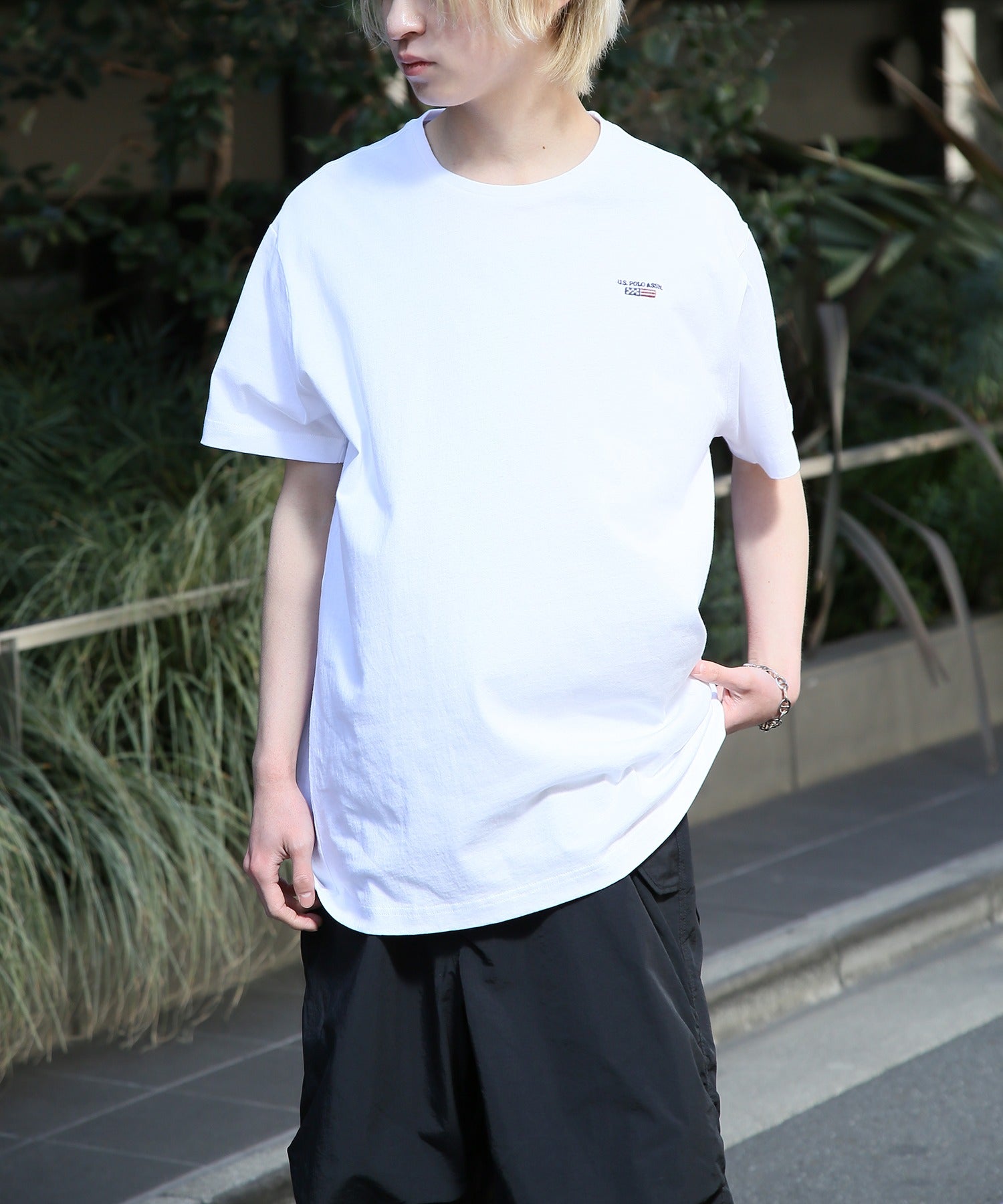 ユーエスポロアッスン U.S. POLO ASSN. ◎SETUP7別注◎ワンポイント フラッグ 刺繍 Tシャツ ユニセックス カットソー 半袖 ホワイト
