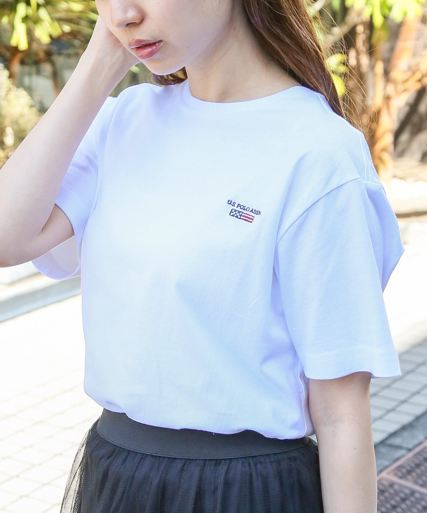ユーエスポロアッスン U.S. POLO ASSN. ◎SETUP7別注◎ワンポイント フラッグ 刺繍 Tシャツ ユニセックス カットソー 半袖 ホワイト