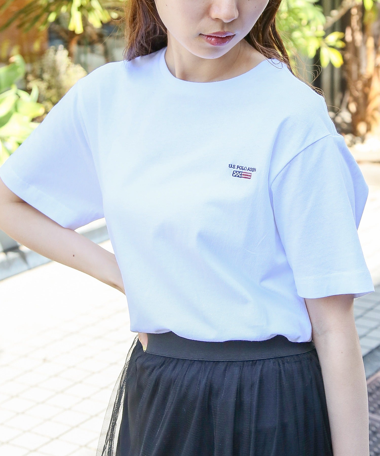 ユーエスポロアッスン U.S. POLO ASSN. ◎SETUP7別注◎ワンポイント フラッグ 刺繍 Tシャツ ユニセックス カットソー 半袖 ホワイト