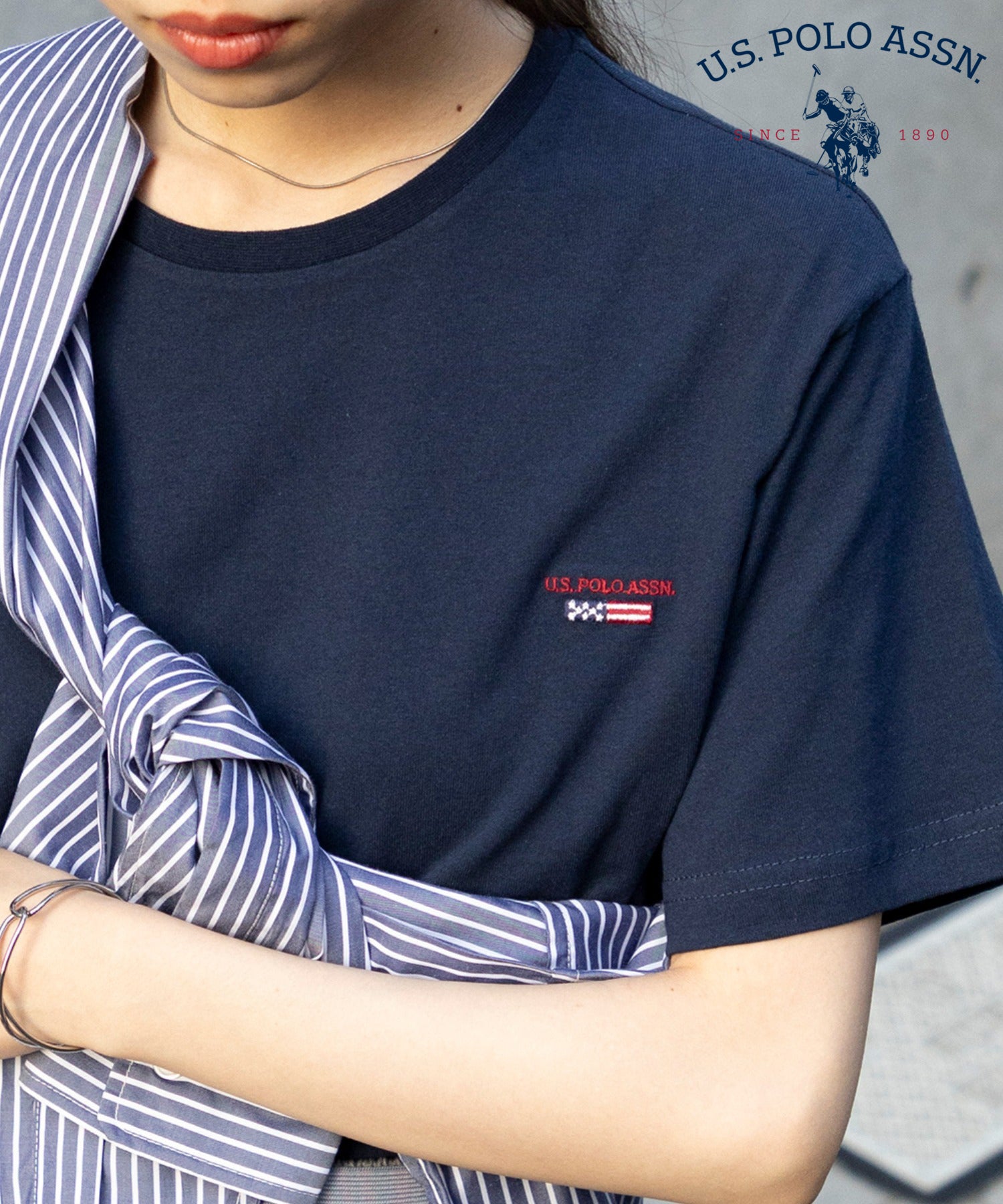 ユーエスポロアッスン U.S. POLO ASSN. ◎SETUP7別注◎ワンポイント フラッグ 刺繍 Tシャツ ユニセックス カットソー 半袖 ネイビー