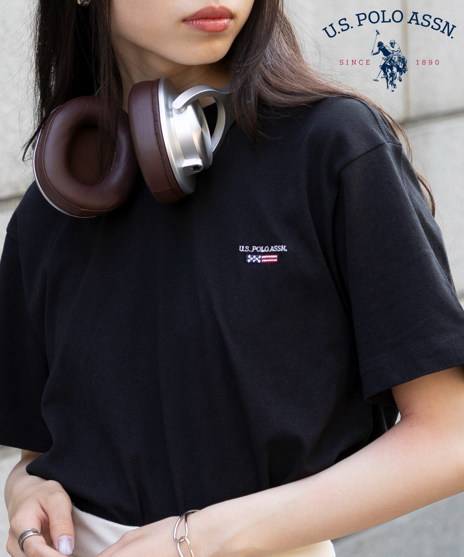 ユーエスポロアッスン U.S. POLO ASSN. ◎SETUP7別注◎ワンポイント フラッグ 刺繍 Tシャツ ユニセックス カットソー 半袖 ブラック