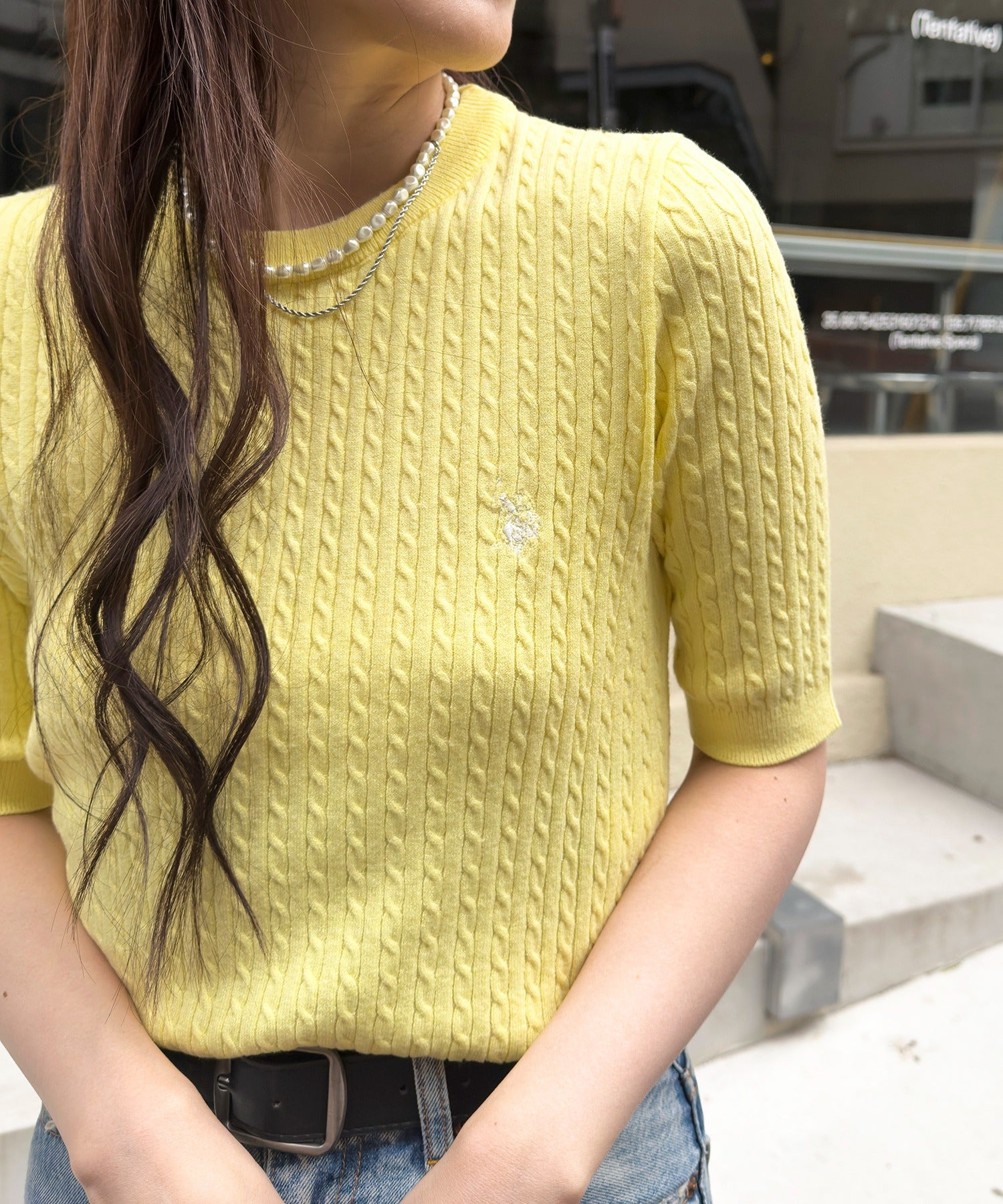ユーエスポロアッスン U.S. POLO ASSN. ワンポイント刺繍 クルーネックケーブルニット （イエロー） イエロー