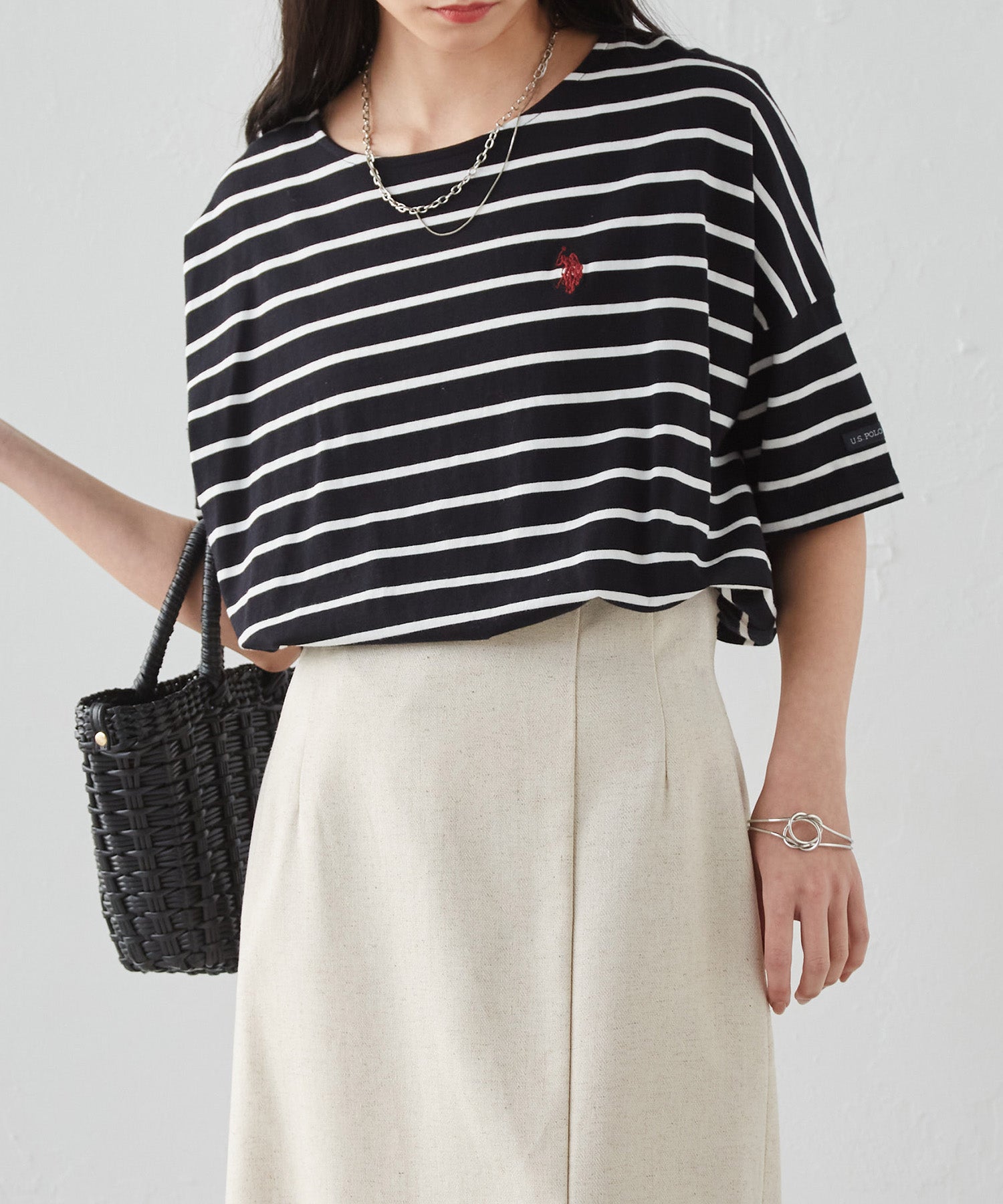 ユーエスポロアッスン U.S. POLO ASSN. ＜USPOLOASSN＞綿1００％ワンポイント5分袖Tシャツ （ブラック系ボーダー） ブラック系ボーダー
