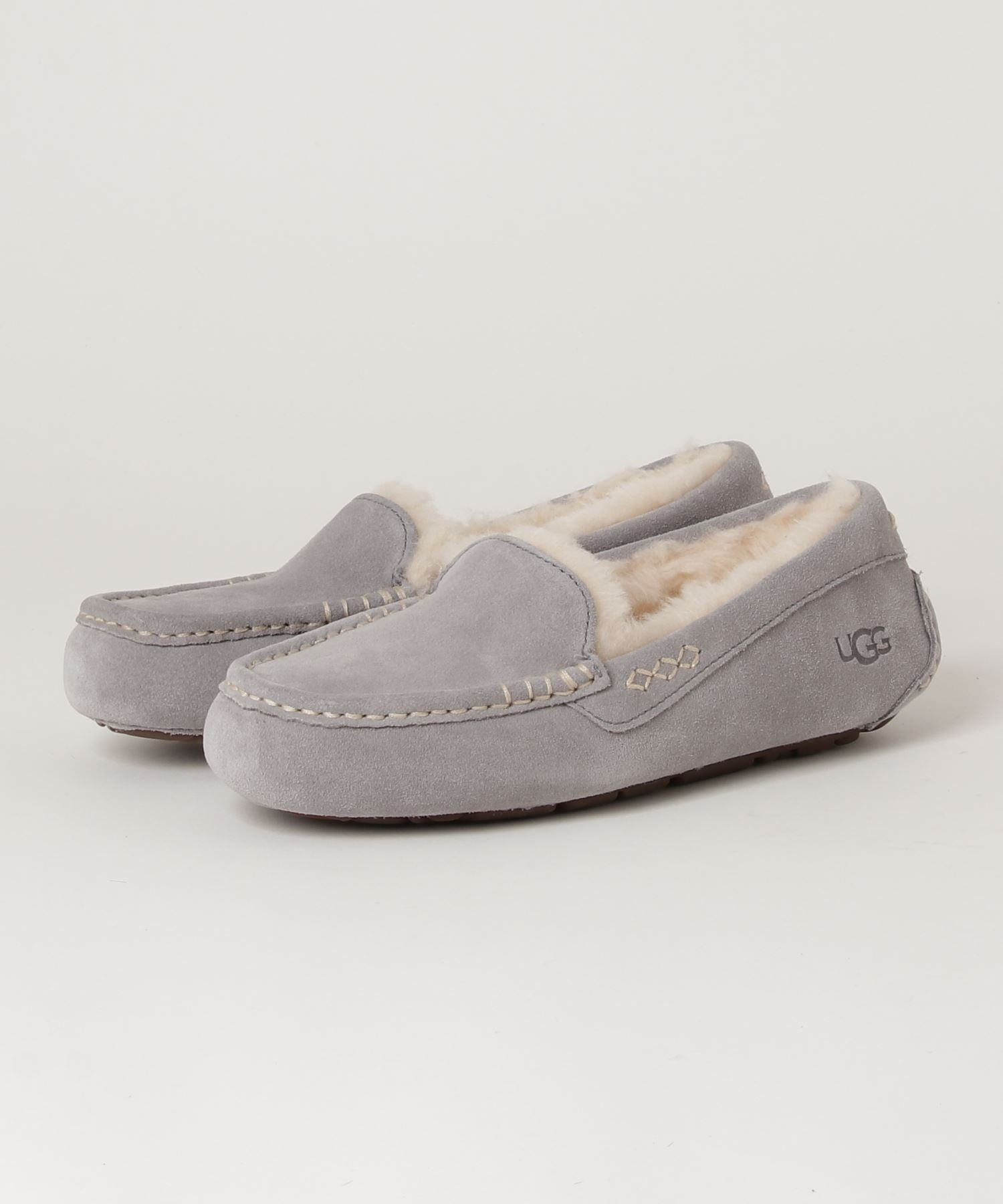 アグ UGG ANSLEY ウールボア スリッポン ローファー モカシン アンスレー 防寒 ファー 靴 ボア レザー スエード,グレー
