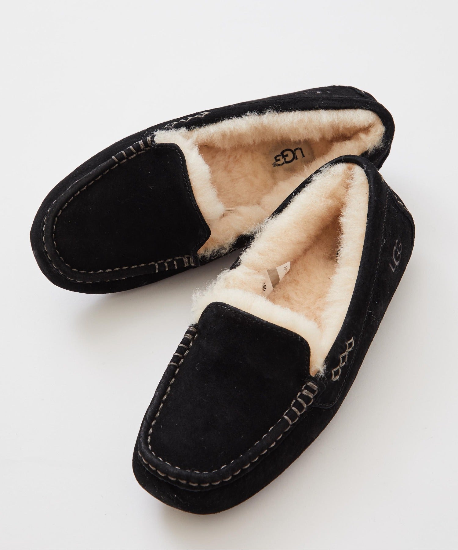 アグ UGG ANSLEY ウールボア スリッポン ローファー モカシン アンスレー 防寒 ファー 靴 ボア レザー スエード,ブラック